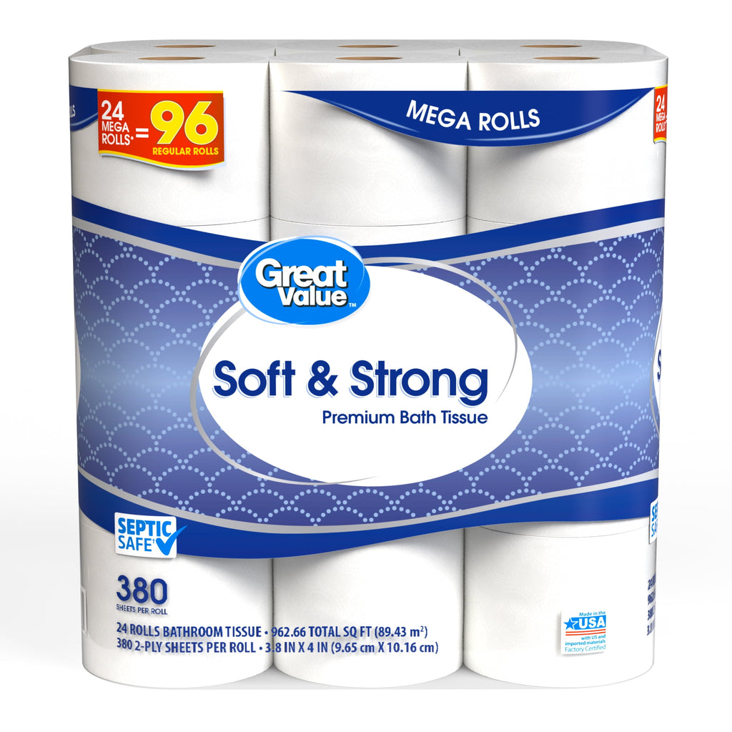 Great Value Soft & Strong Toilet Paper, 12 Mega Rolls, 380 Sheets per Roll