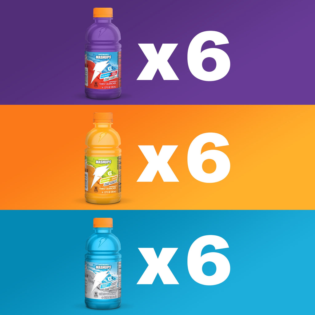 Gatorade Sports Drink, Fruit Punch/Glacier Cherry/Cool Blue Variety Pack, 12 fl oz, 18 Count Bottles
