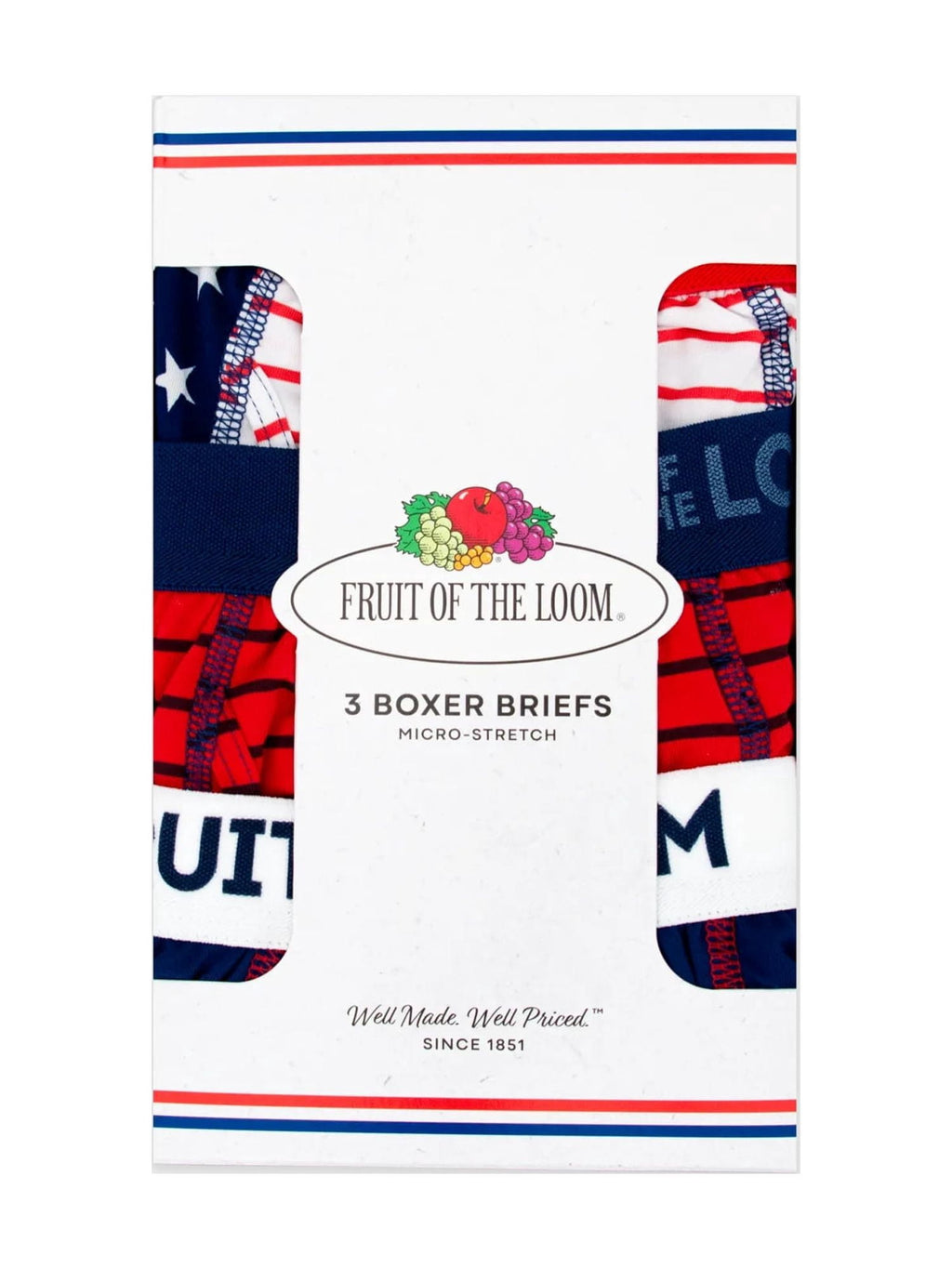 Fruit of the Loom Men's Americana Stretch Boxer Briefs, Moisture Wicking Underwear, 3-Pack