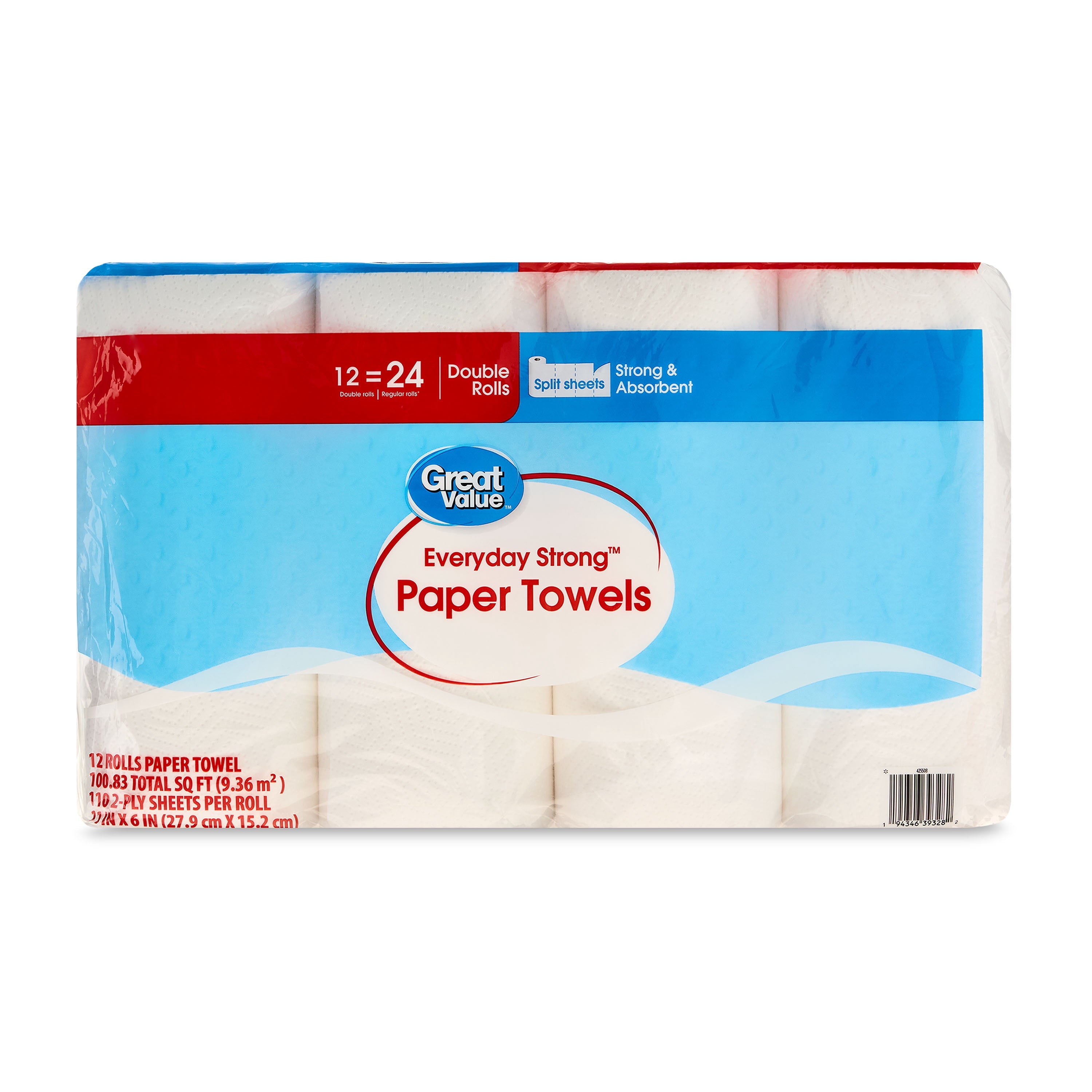 Great Value Everyday Strong Paper Towels, 2 Double Rolls