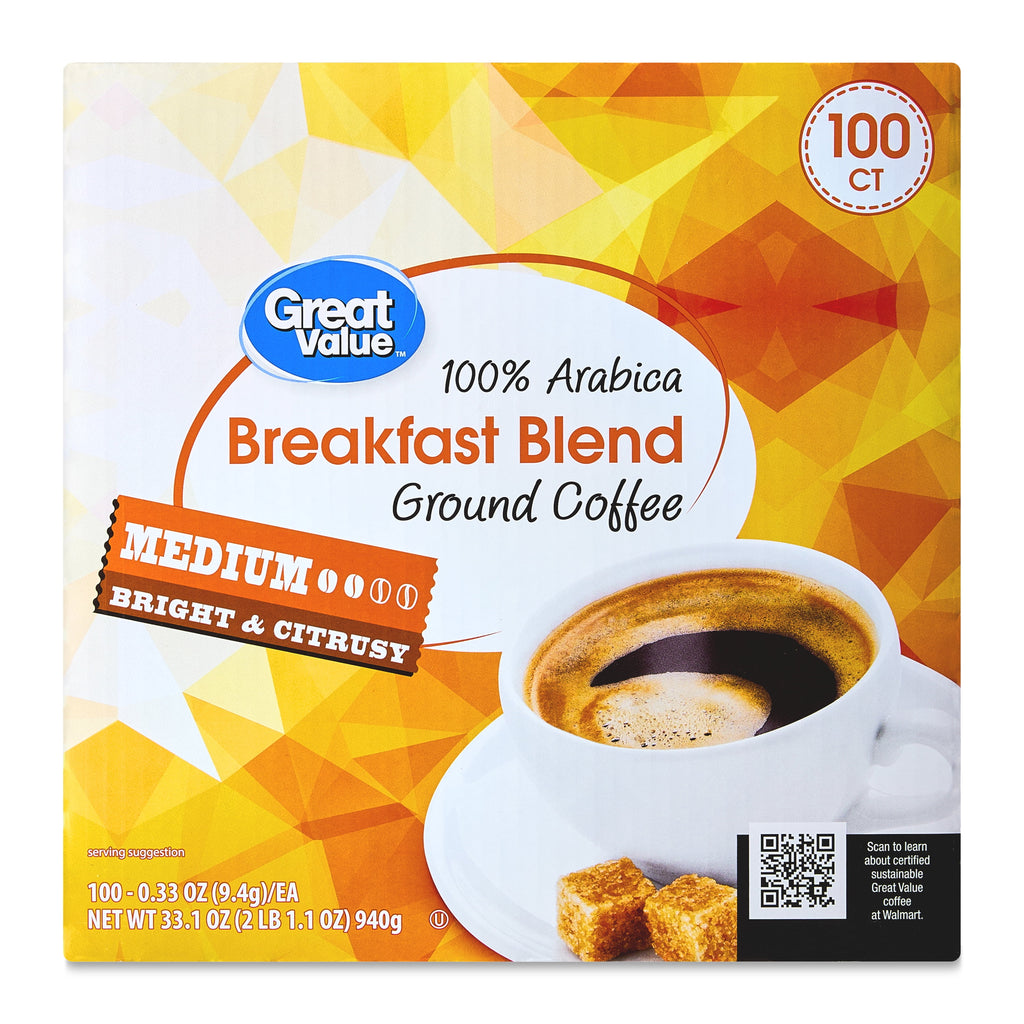 Great Value 100% Arabica Colombian Medium Dark Roast Ground Coffee Pods, 33.1 oz, 100 Count