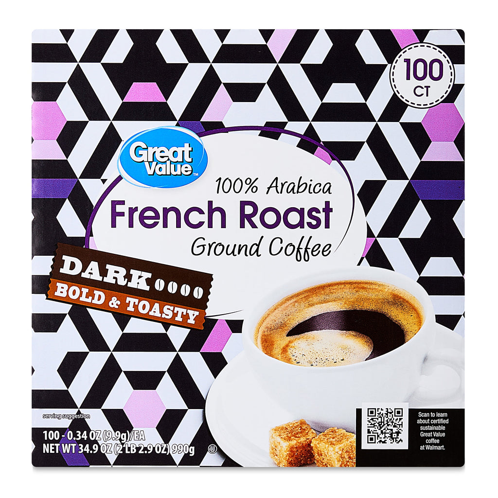 Great Value 100% Arabica Colombian Medium Dark Roast Ground Coffee Pods, 33.1 oz, 100 Count