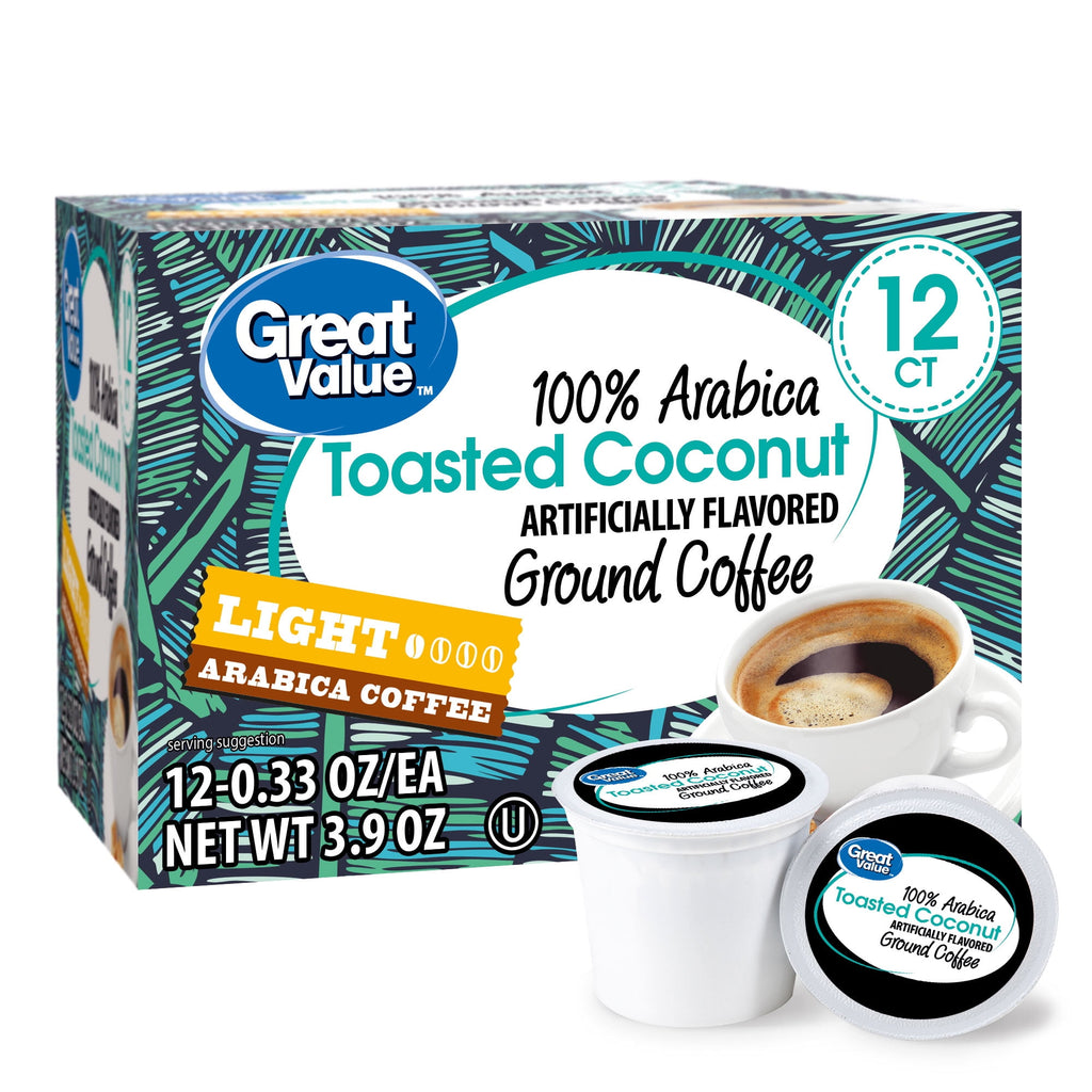 Great Value 100% Arabica Toasted Coconut Light Roast Arabica Coffee Pods, 12 Count