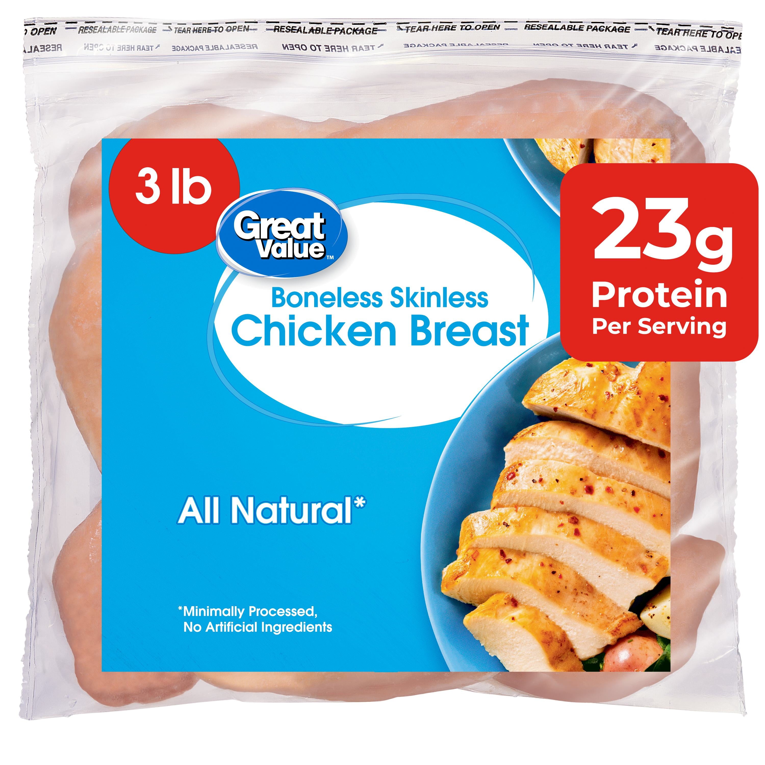 Great Value All Natural Boneless Skinless Chicken Breasts, 3 lb (Frozen)