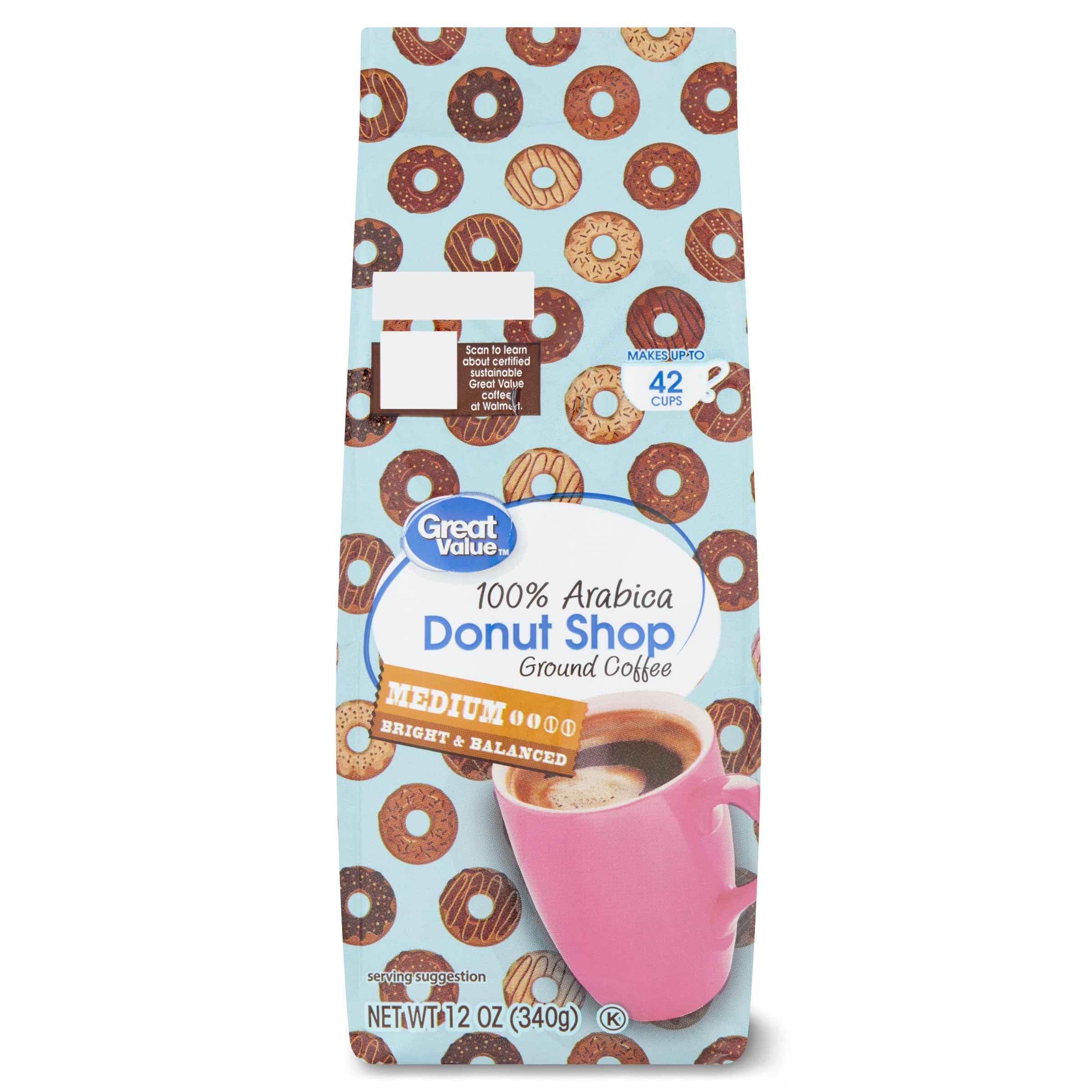 Great Value Donut Shop, 100% Arabica, Medium Roast, Ground Coffee, 12 oz