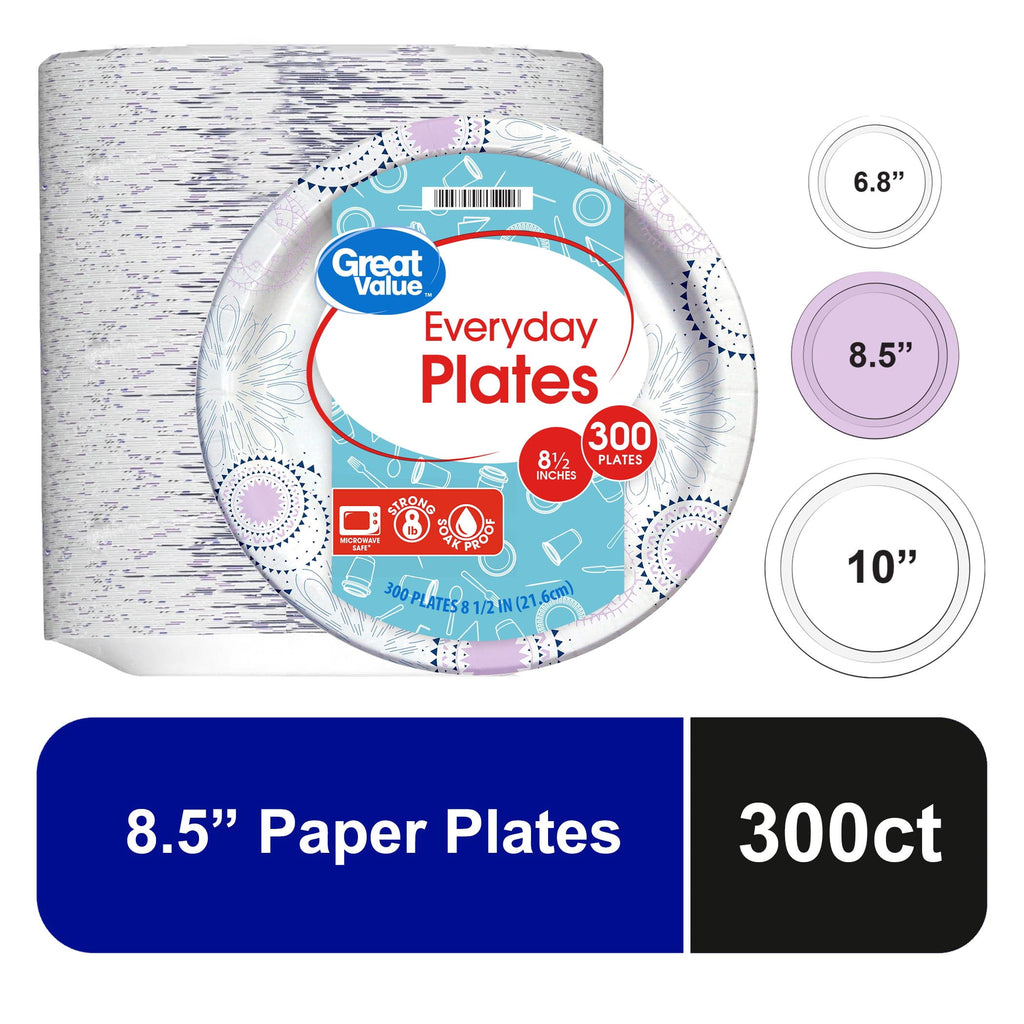Great Value 8.5-Inch Disposable Paper Plates, 300 Count, Soak-Proof and Microwave-Safe