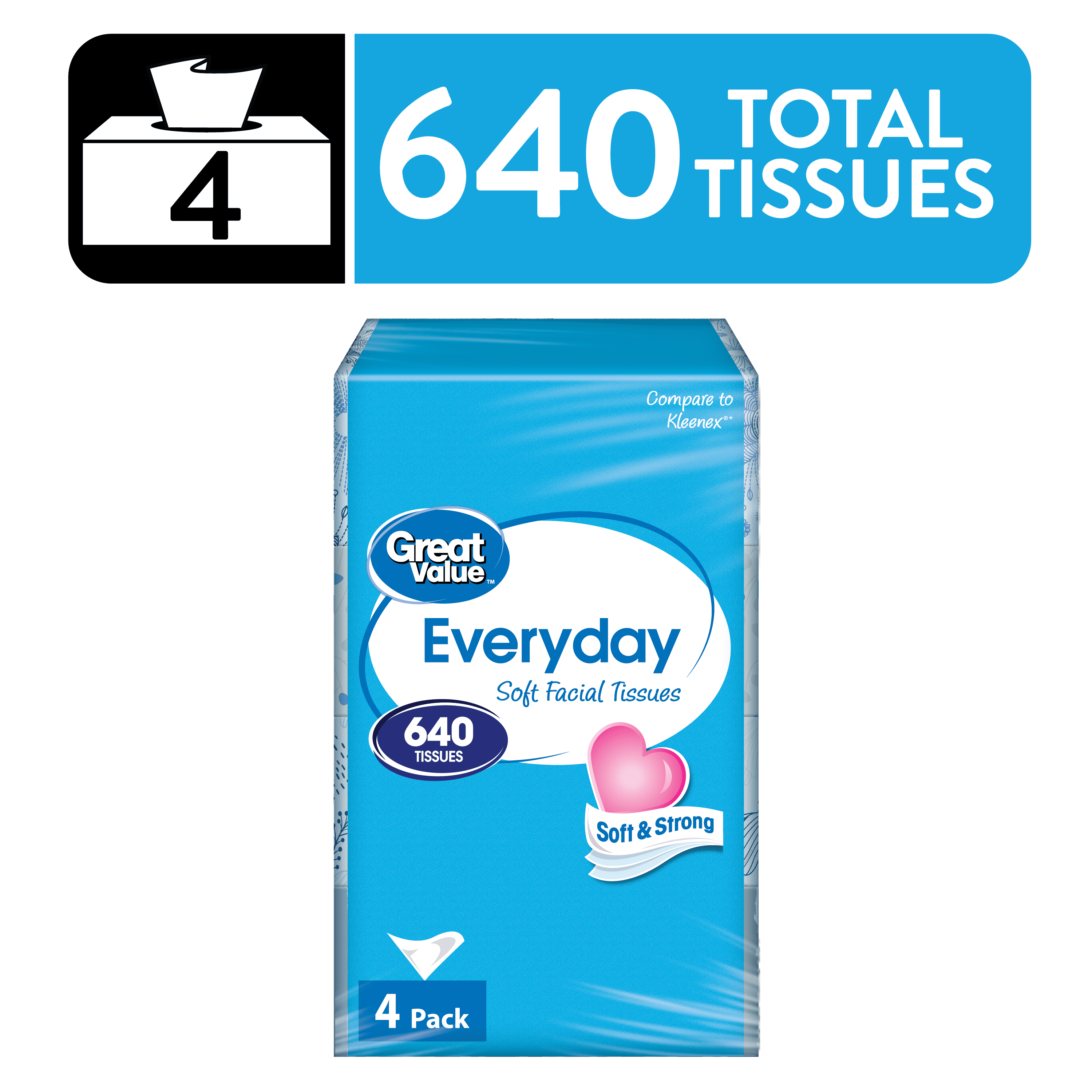 Great Value Everyday Soft Facial Tissues, 1 Flat Carton, 160 Tissues per Flat, 2-Ply, Compare to Kleenex®