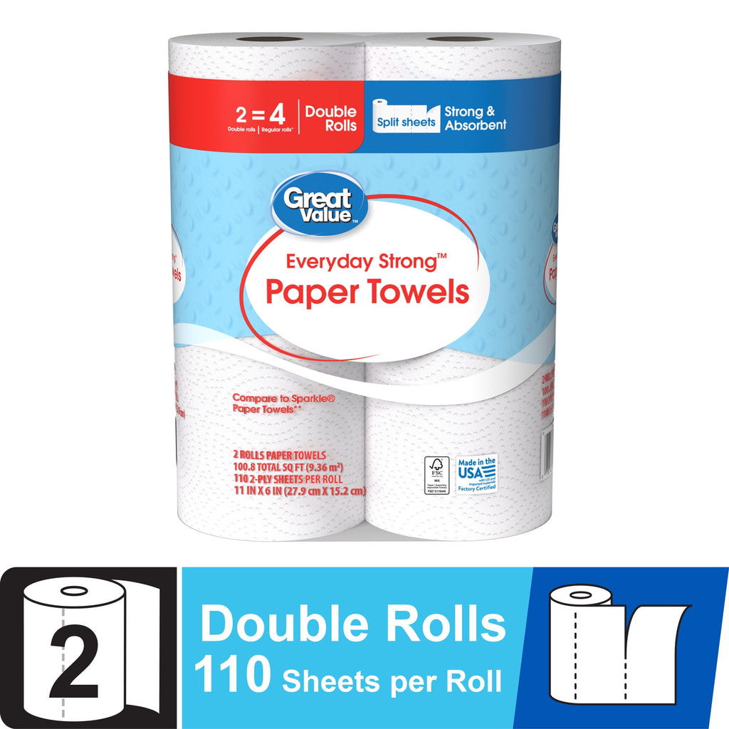 Great Value Everyday Strong Paper Towels, 2 Double Rolls