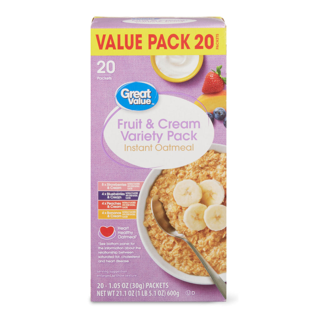 (4 pack) Great Value Fruit & Cream Instant Oatmeal Variety Pack, 1.05 oz, 20 Count