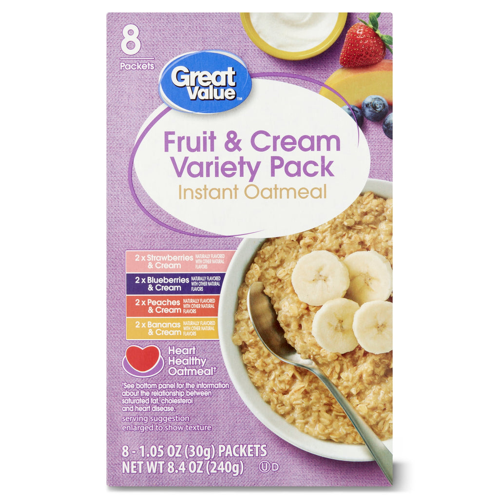 Great Value Instant Oatmeal Fruits and Cream Variety Pack, 1.23 oz, 8 Count
