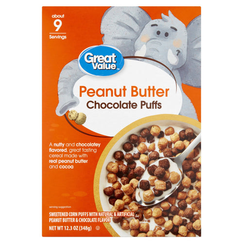 (10 pack) Great Value Peanut Butter Chocolate Puffs Cereal, 12.3 oz