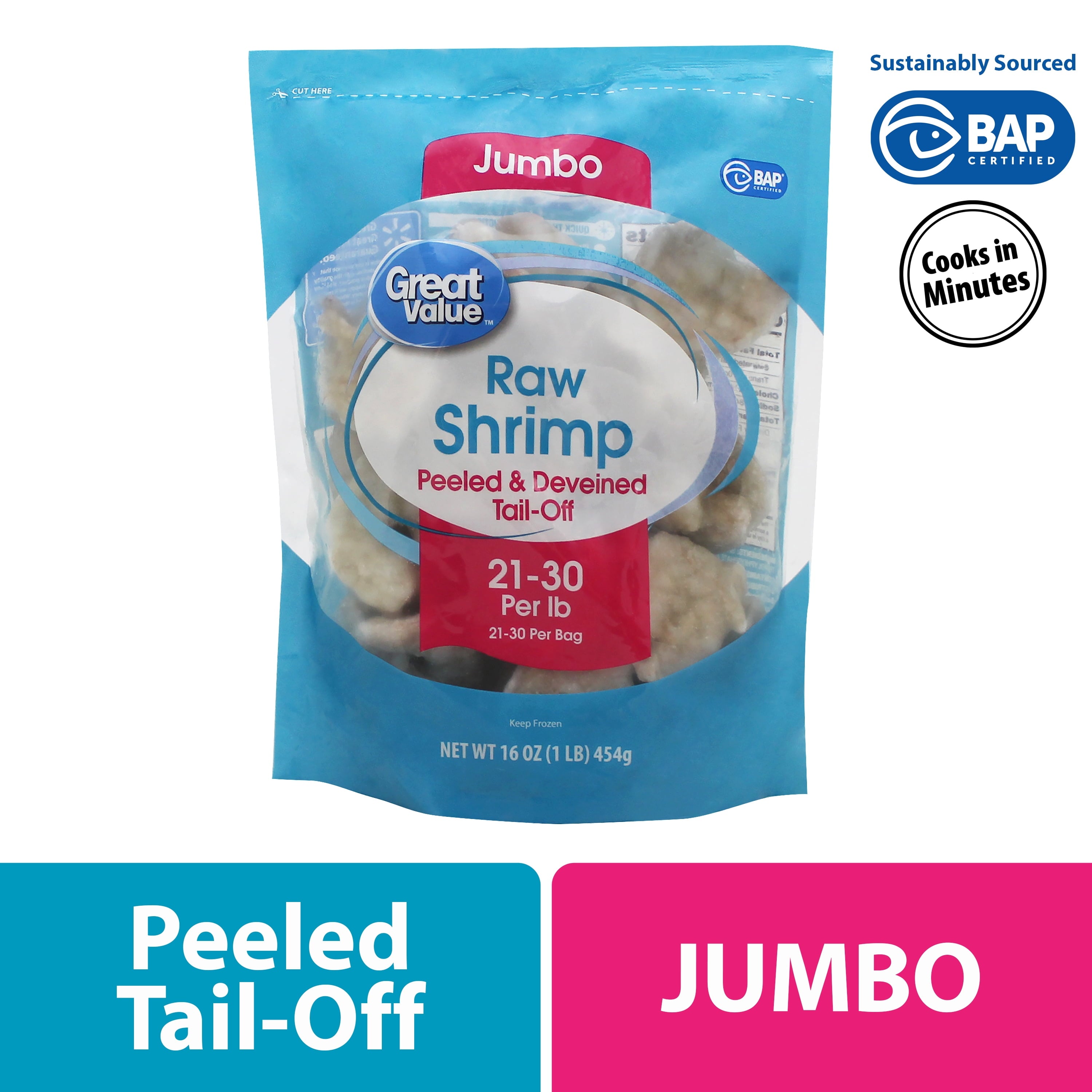 Great Value Frozen Raw Jumbo Tail-off Shrimp, 16 oz Bag (21-30 Count per lb)