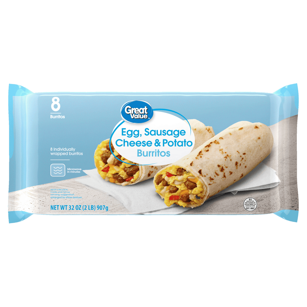 Great Value Sausage Egg and Cheese with Potatoes Breakfast Burritos, 32 oz, 8 Count (Frozen)