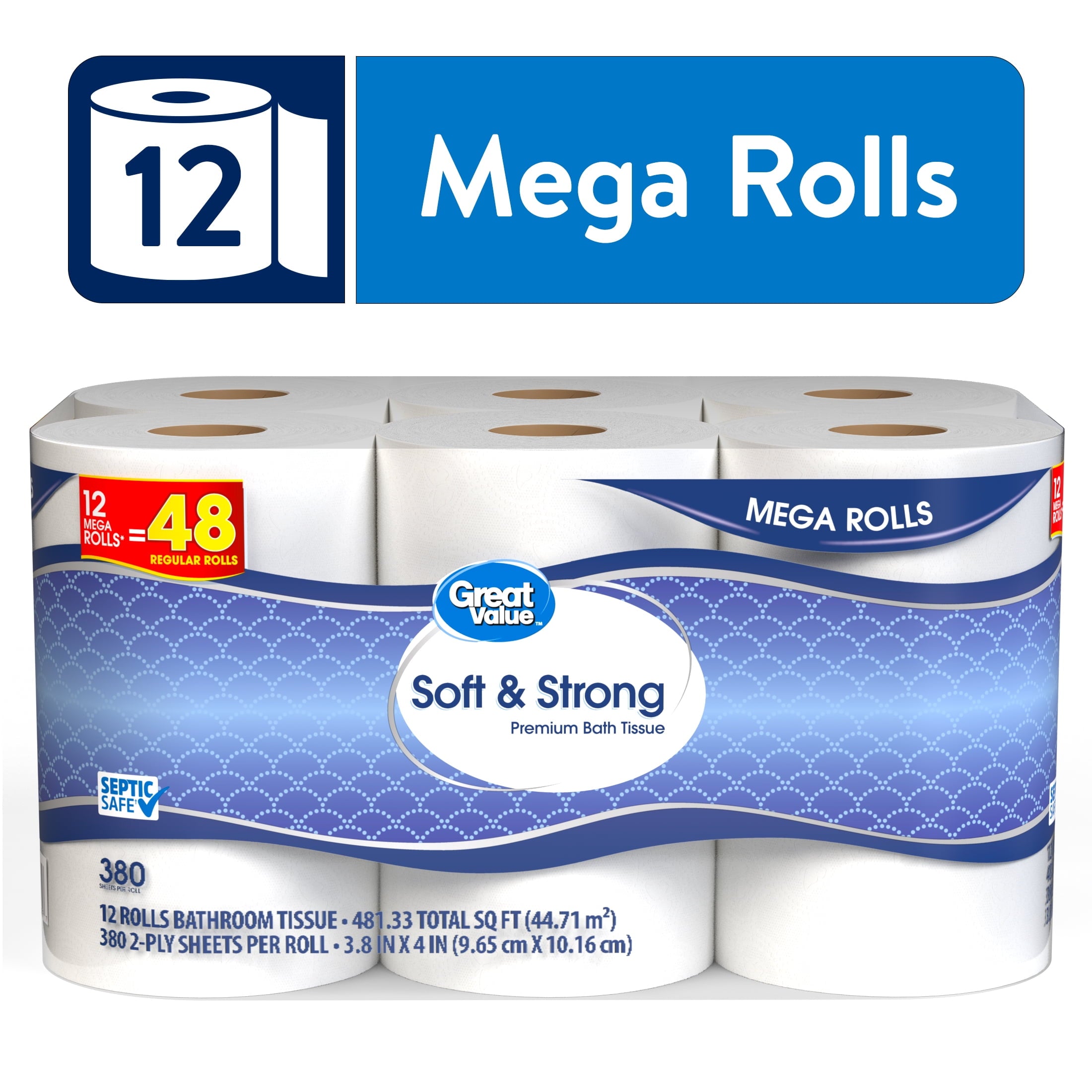Great Value Soft & Strong Toilet Paper, 12 Mega Rolls, 380 Sheets per Roll