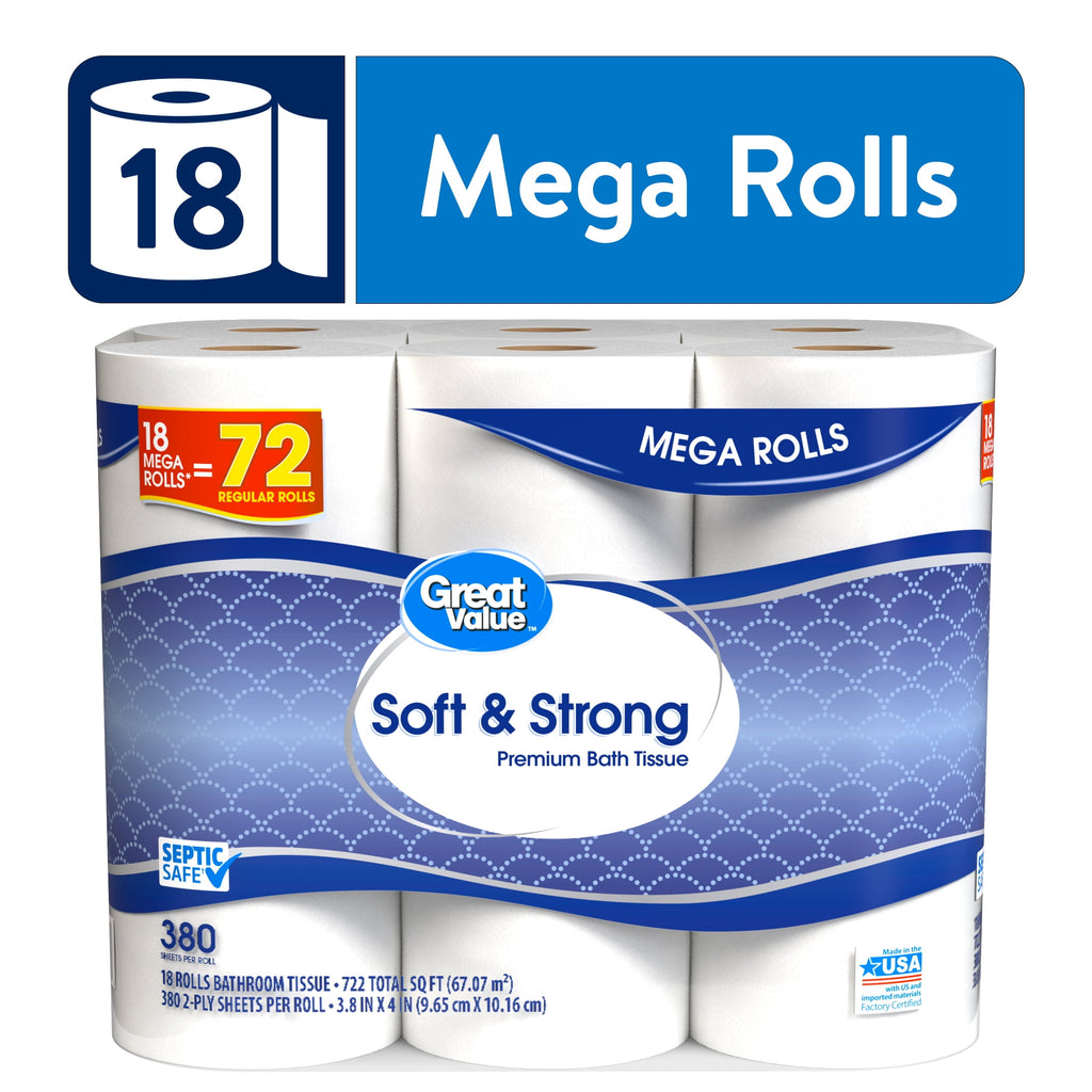 Great Value Soft & Strong Toilet Paper, 12 Mega Rolls, 380 Sheets per Roll