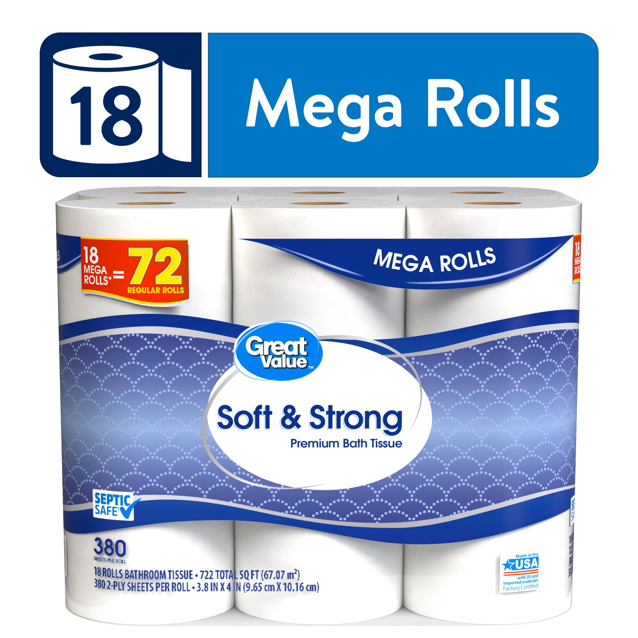 Great Value Soft & Strong Toilet Paper, 12 Mega Rolls, 380 Sheets per Roll