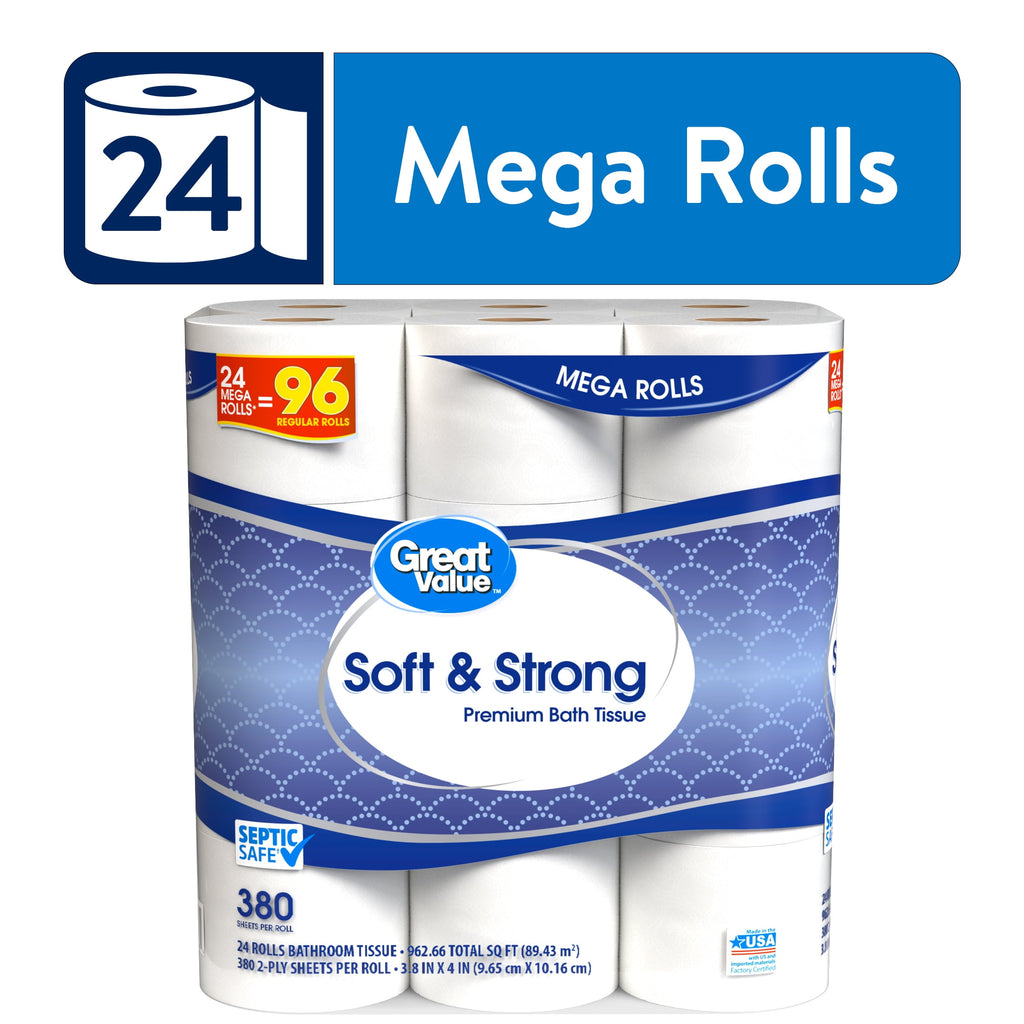 Great Value Soft & Strong Toilet Paper, 12 Mega Rolls, 380 Sheets per Roll