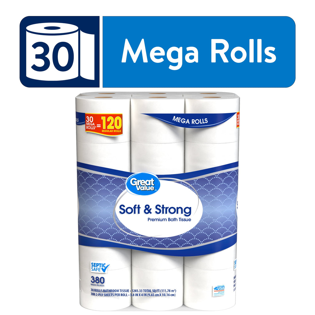 Great Value Soft & Strong Toilet Paper, 12 Mega Rolls, 380 Sheets per Roll