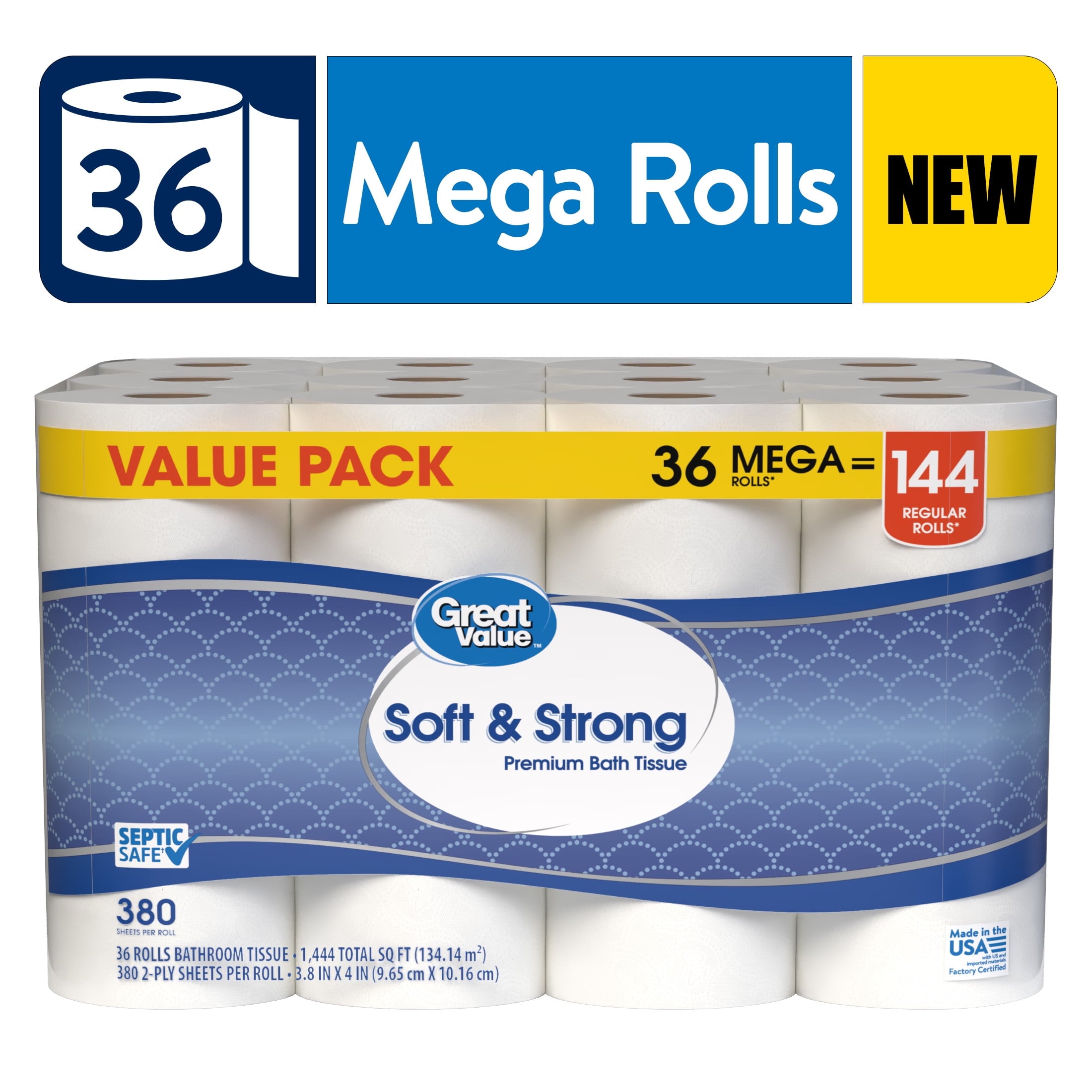 Great Value Soft & Strong Toilet Paper, 12 Mega Rolls, 380 Sheets per Roll