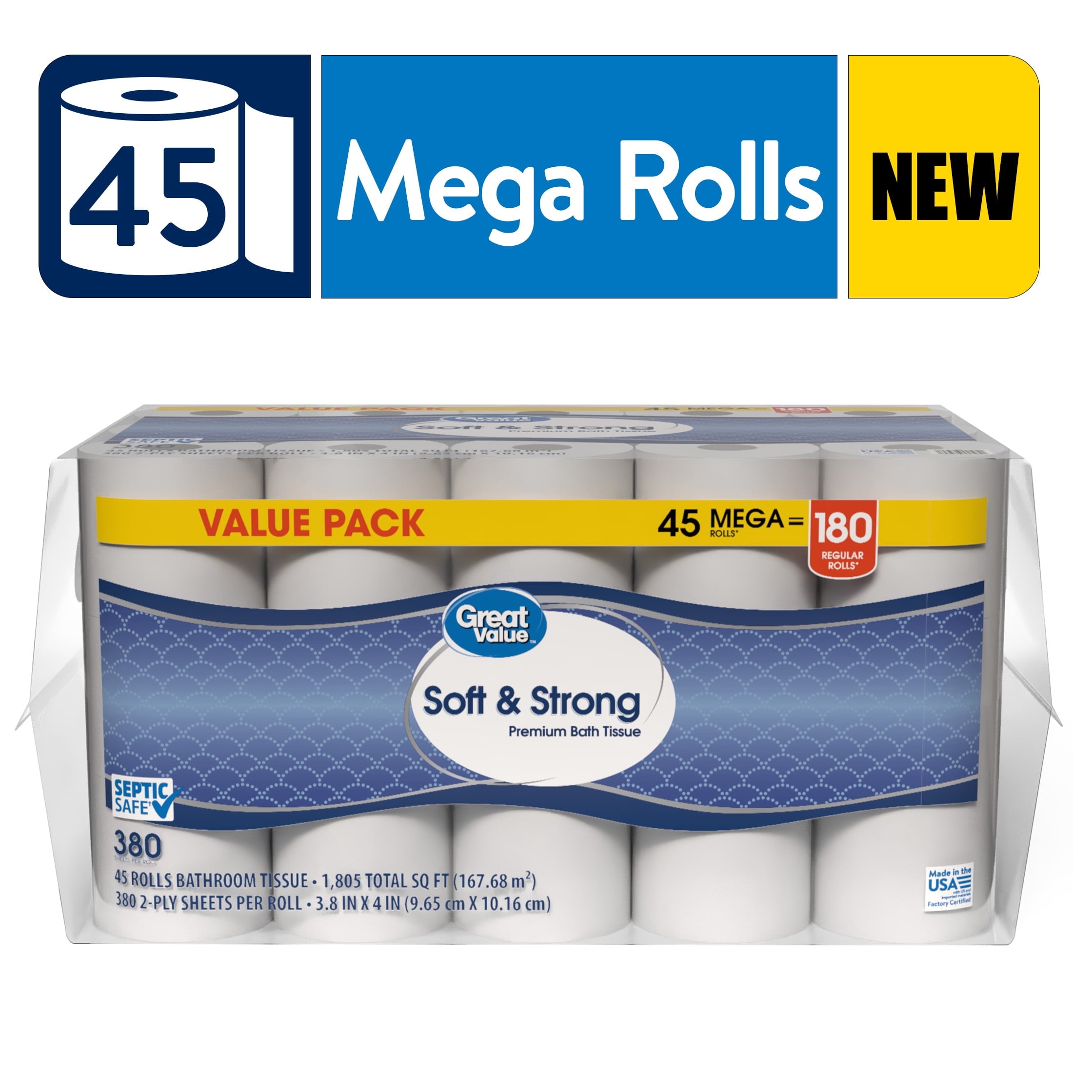 Great Value Soft & Strong Toilet Paper, 12 Mega Rolls, 380 Sheets per Roll