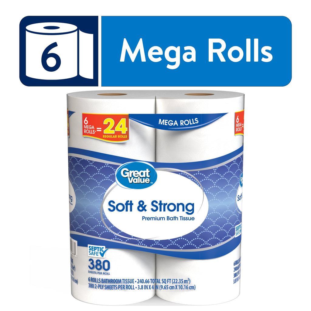 Great Value Soft & Strong Toilet Paper, 12 Mega Rolls, 380 Sheets per Roll