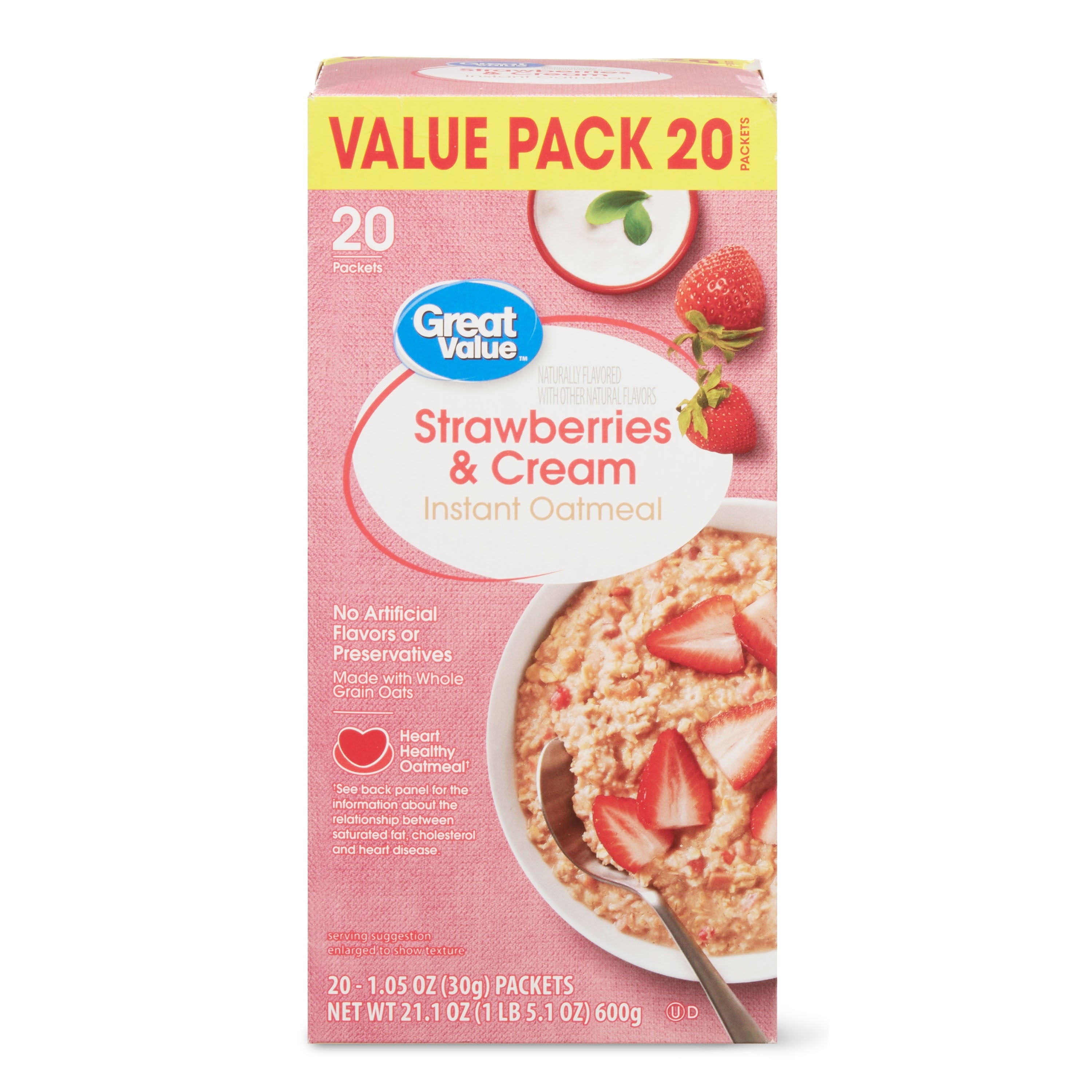 Great Value Strawberries & Cream Instant Oatmeal Value Pack, 1.05 oz, 20 Count