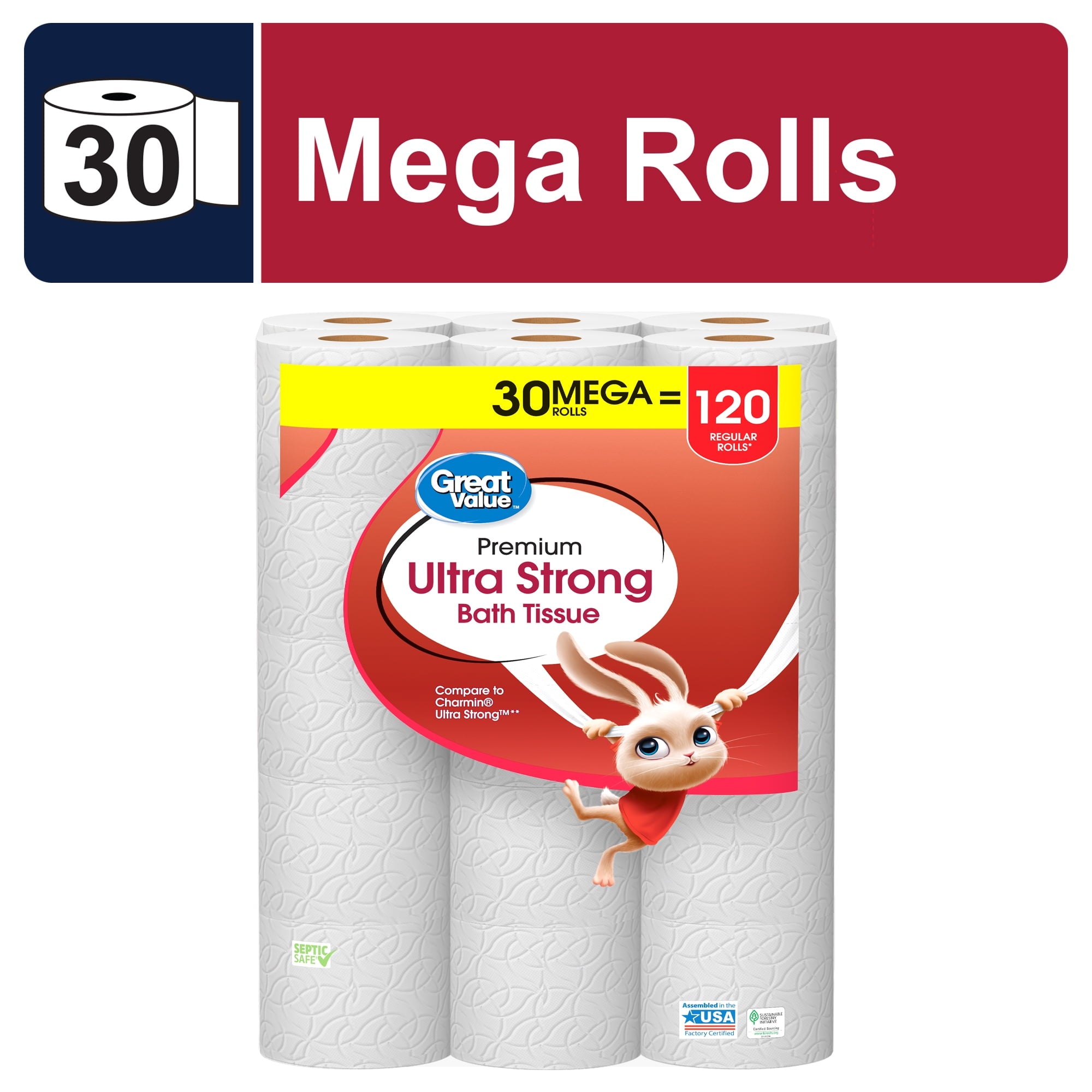 Great Value Ultra Strong 2-Ply Toilet Paper, 6 Mega Rolls, Compare to Charmin® Ultra Strong™