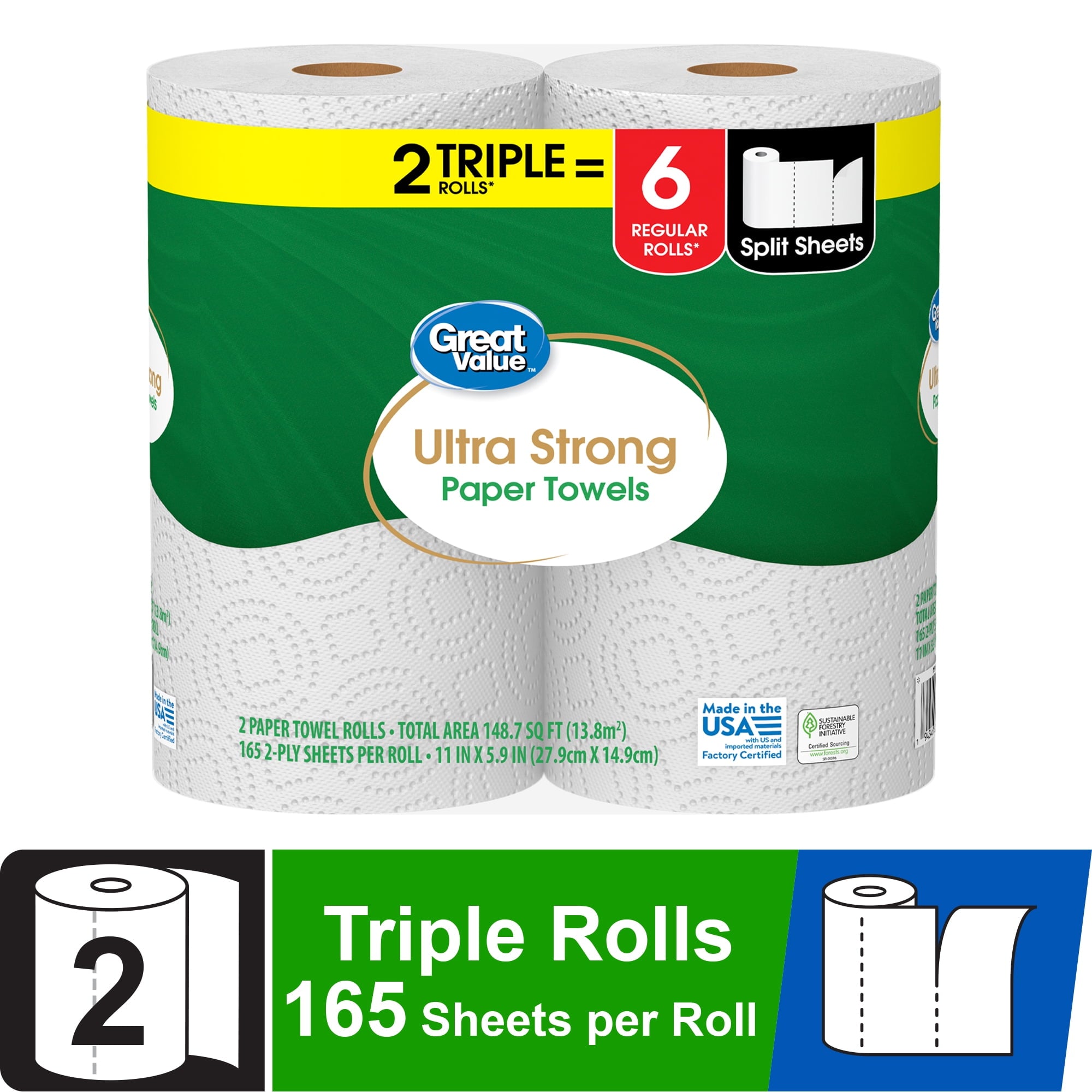 Great Value Ultra Strong Paper Towels, 6 Triple Rolls