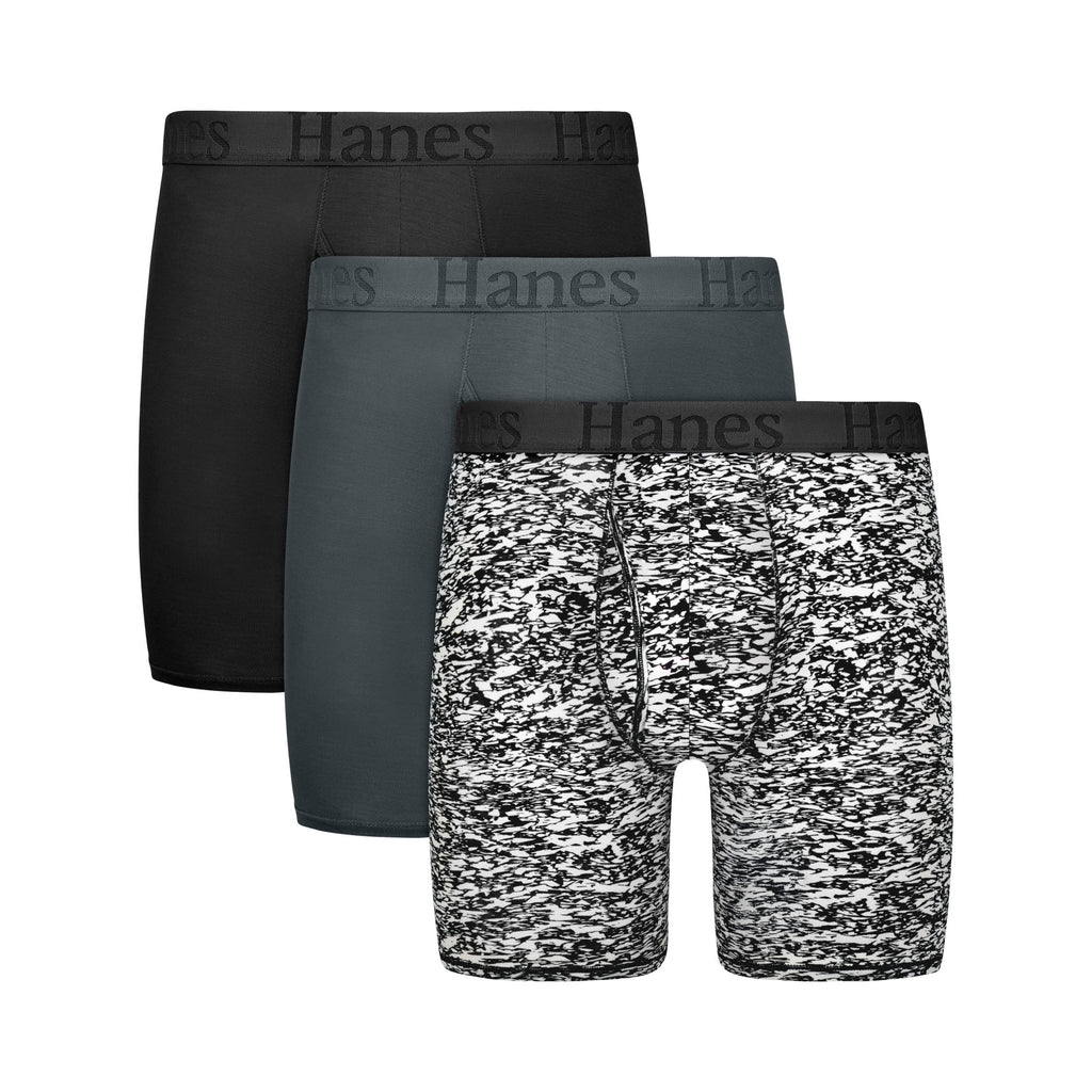 Hanes Originals Men's SuperSoft Boxer Brief Underwear Pack, Black/Grey/Print, 3-Pack