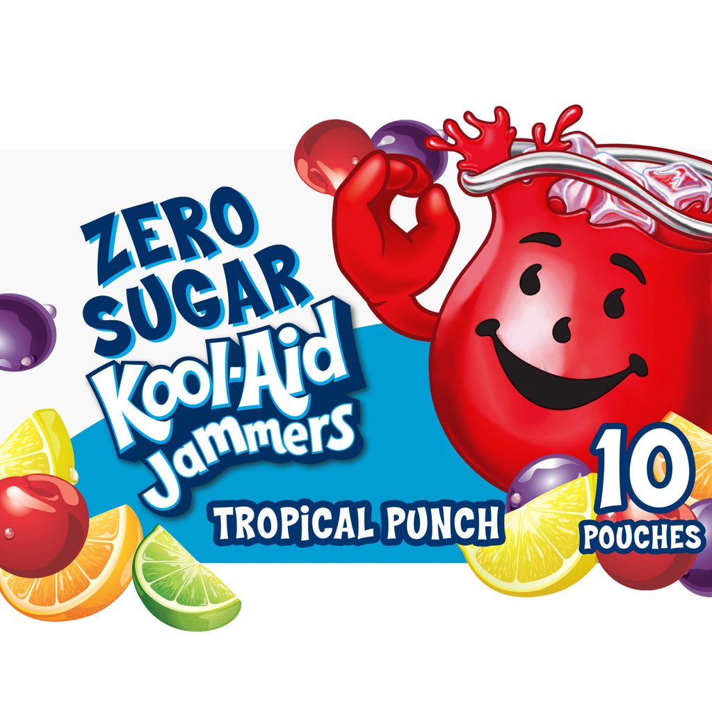 Kool-Aid Zero Sugar Jammers Artificially Flavored Drink, 10 Pouches, for School Lunches and On-the-Go Hydration, Tropical Punch Flavor, Zero Calories, 6 fl oz