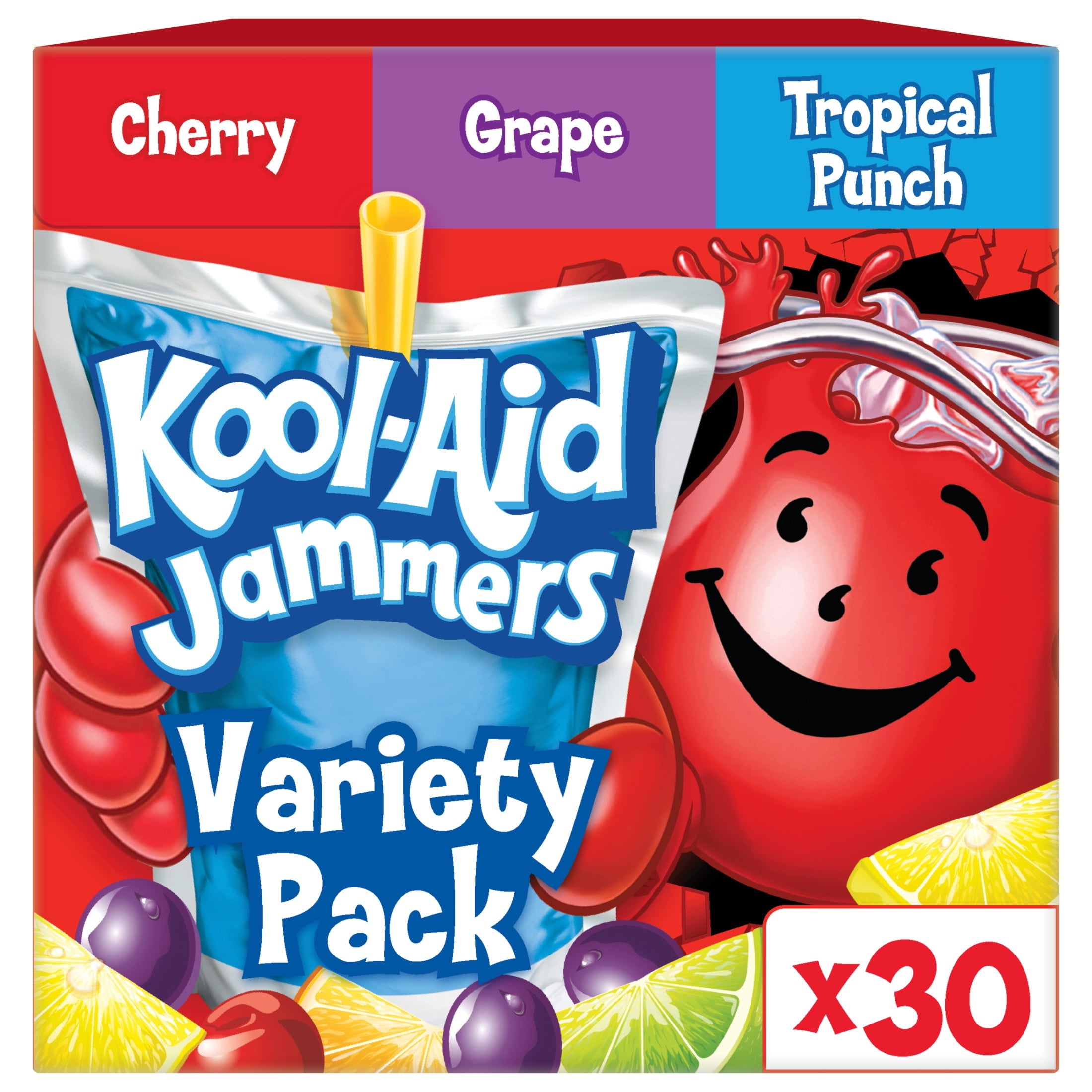 Kool-Aid Jammers Drink, 30 Pouches, for School Lunches and On-the-Go Hydration, Artificially Flavored Tropical Punch, Grape and Cherry Flavors, 6 fl oz