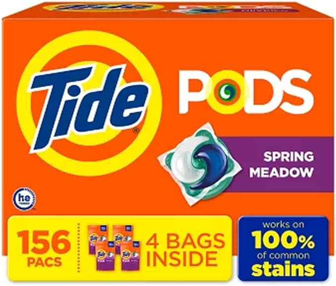 TIDE PODS Laundry Detergent Soap Pacs, Spring Meadow Scent, Powerful 3-in-1 Clean, HE Compatible, 156 Count (4 Bags)