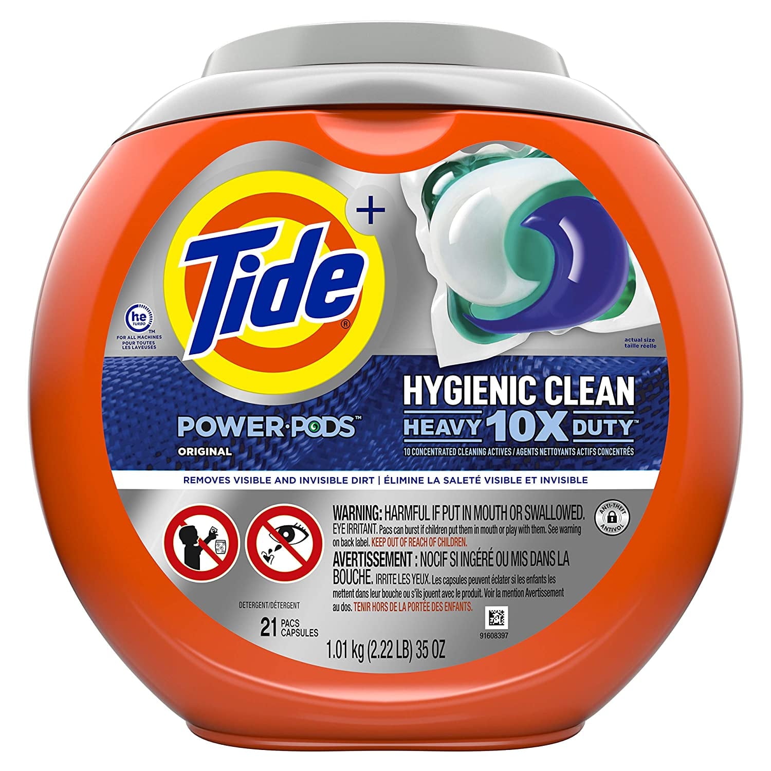 Tide Hygienic Clean Heavy 10X Duty Power Pods Laundry Detergent Pacs, Original, 21 Count, For Visible And Invisible Dirt
