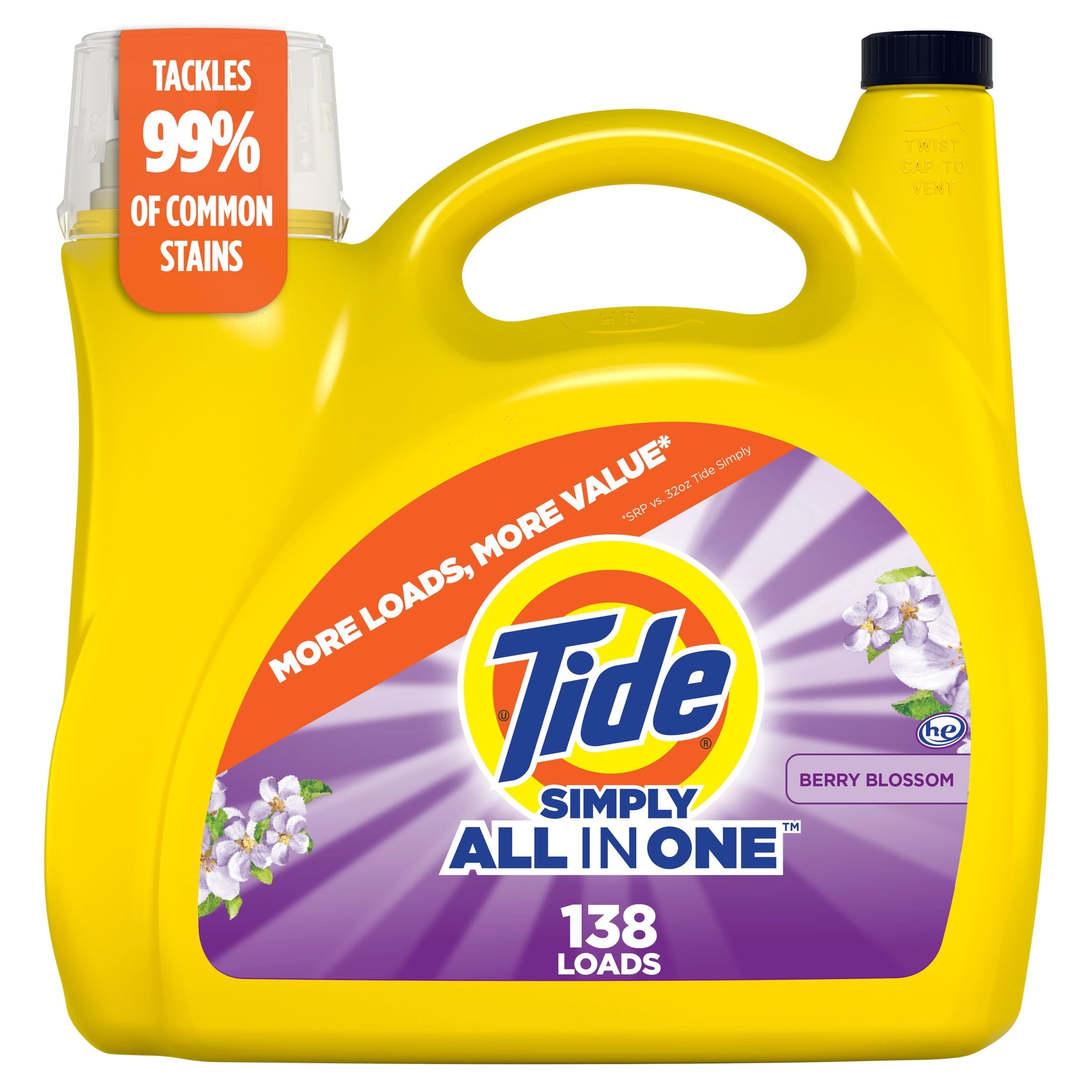 Tide Simply Laundry Detergent Liquid, Berry Blossom Scent, 117 fl oz, 89 Loads