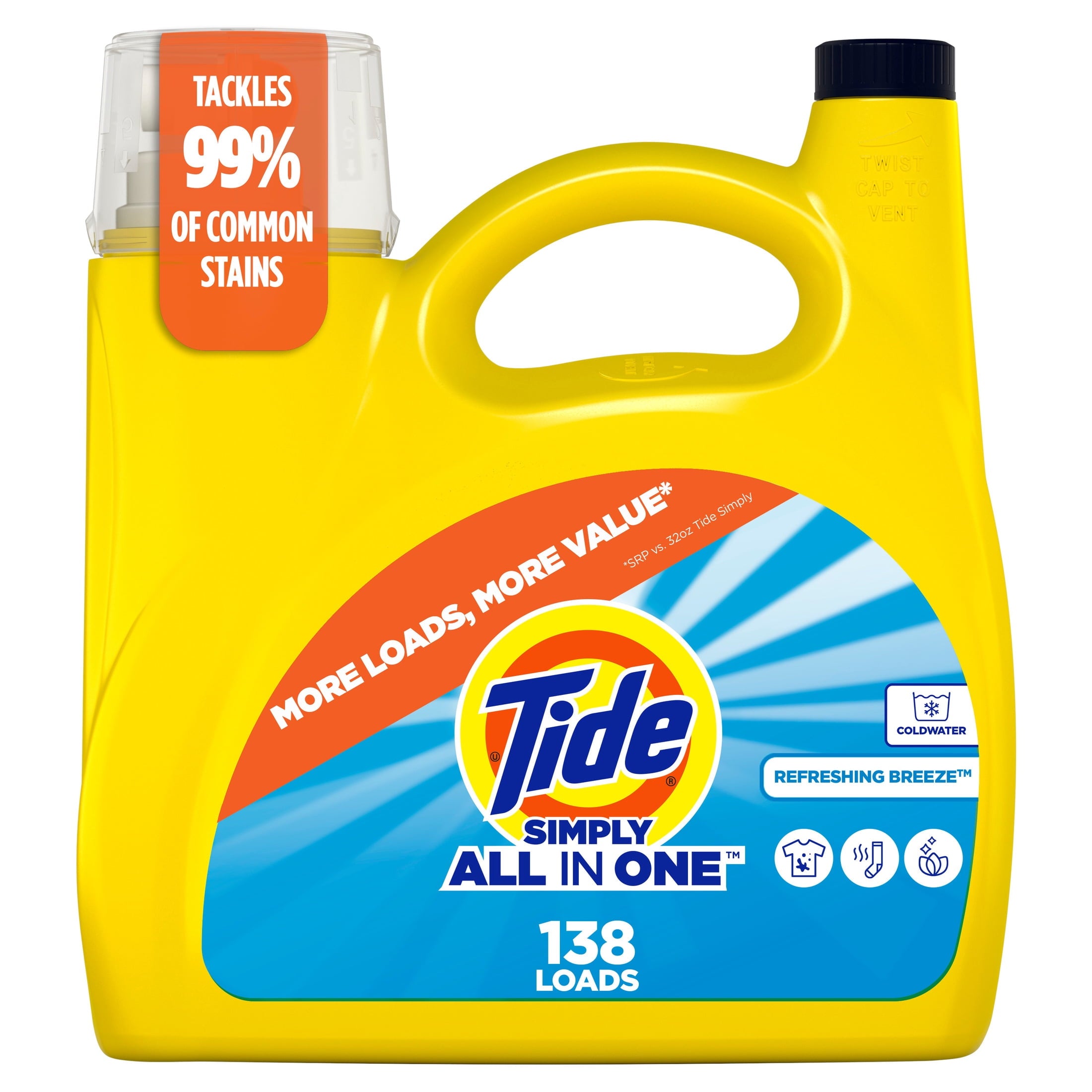 Tide Simply Laundry Detergent Liquid All-In-One, Refreshing Breeze Scent, 117 fl oz, 89 Loads