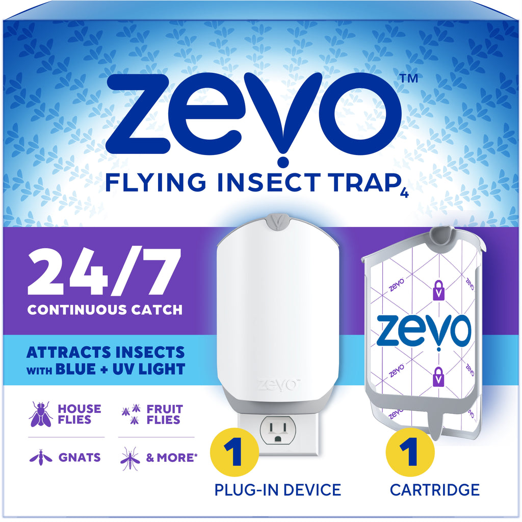 Zevo Flying Insect Indoor Fly Trap Full Size: Easy, Mess-Free Solution - Light Trap Catches & Kills House Flies, Fruit Flies, Gnats, & More (1 Plug in Device & 1 Cartridge)
