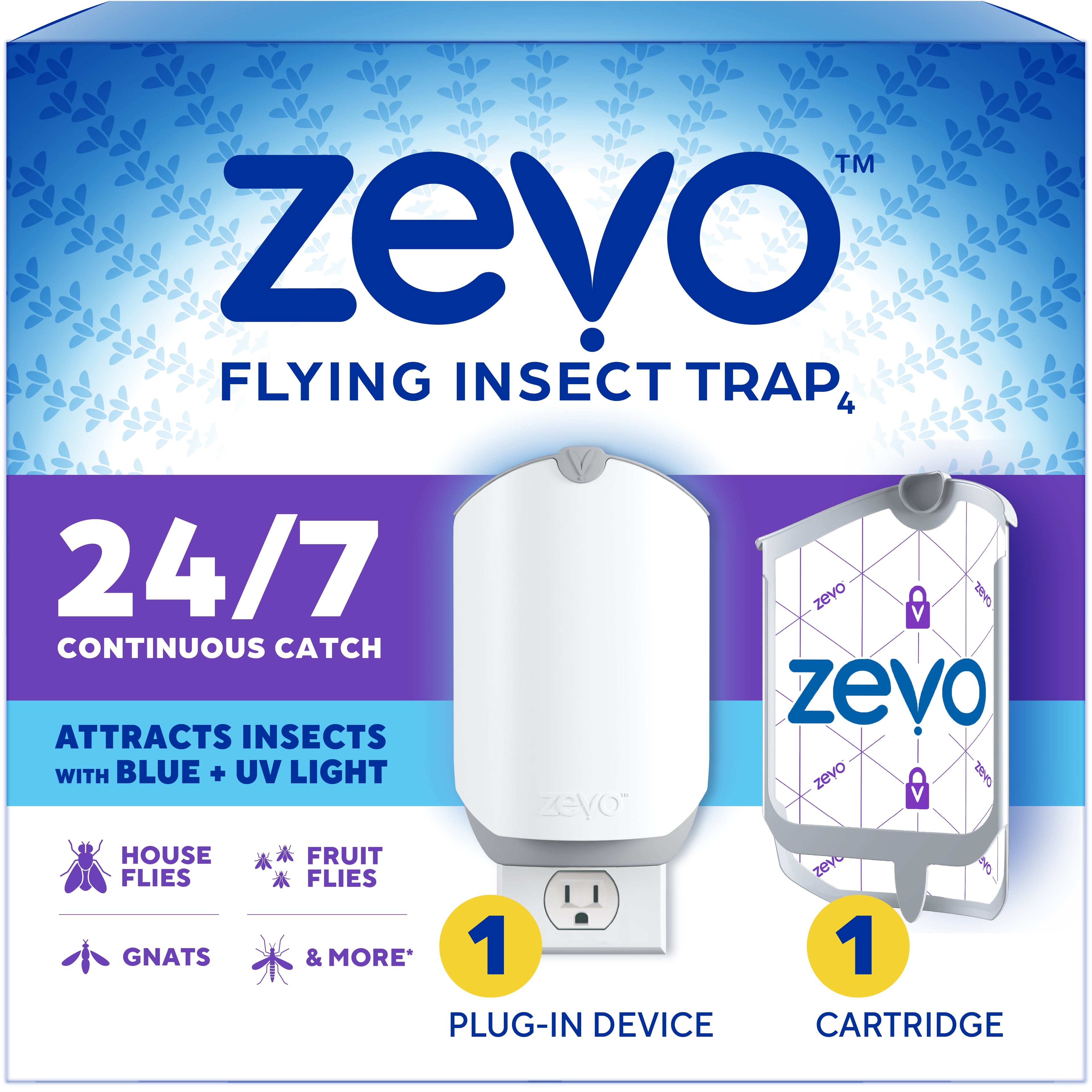 Zevo Flying Insect Indoor Fly Trap Full Size: Easy, Mess-Free Solution - Light Trap Catches & Kills House Flies, Fruit Flies, Gnats, & More (1 Plug in Device & 1 Cartridge)