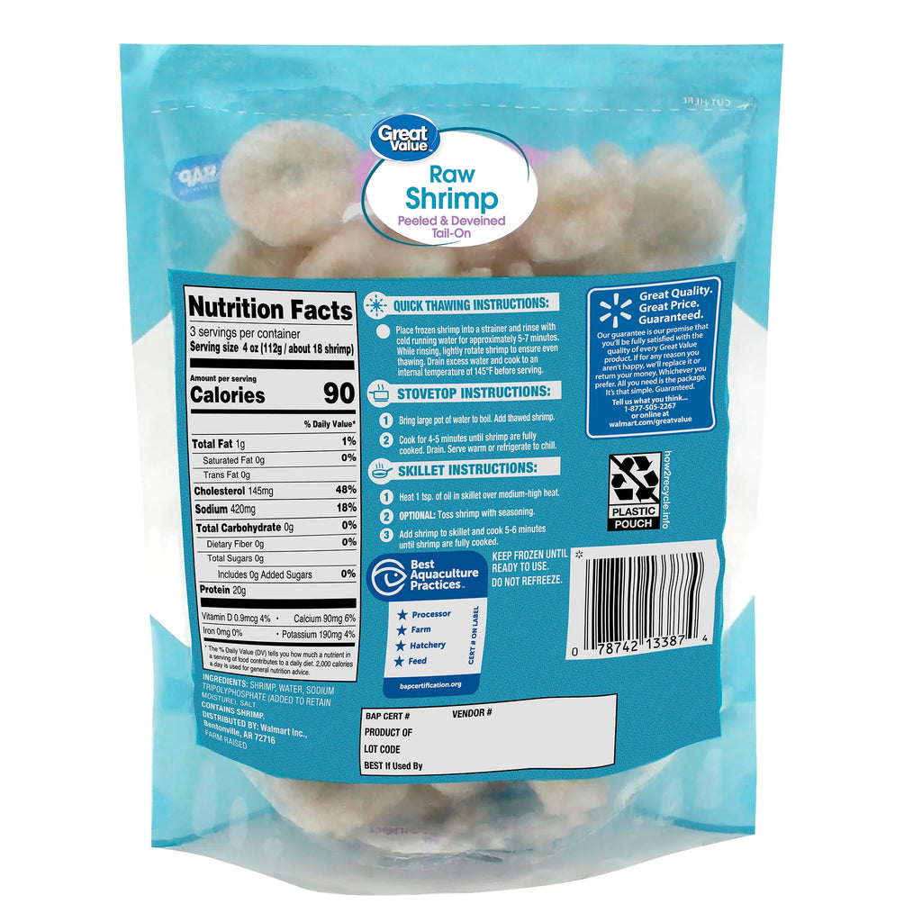 Great Value Frozen Raw Small Peeled & Deveined, Tail-off Shrimp, 12 oz Bag (60-80 Count per lb)