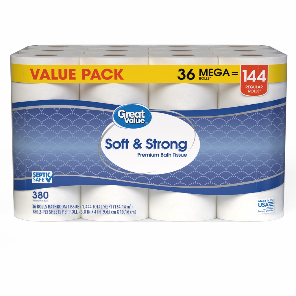 Great Value Soft & Strong Toilet Paper, 12 Mega Rolls, 380 Sheets per Roll