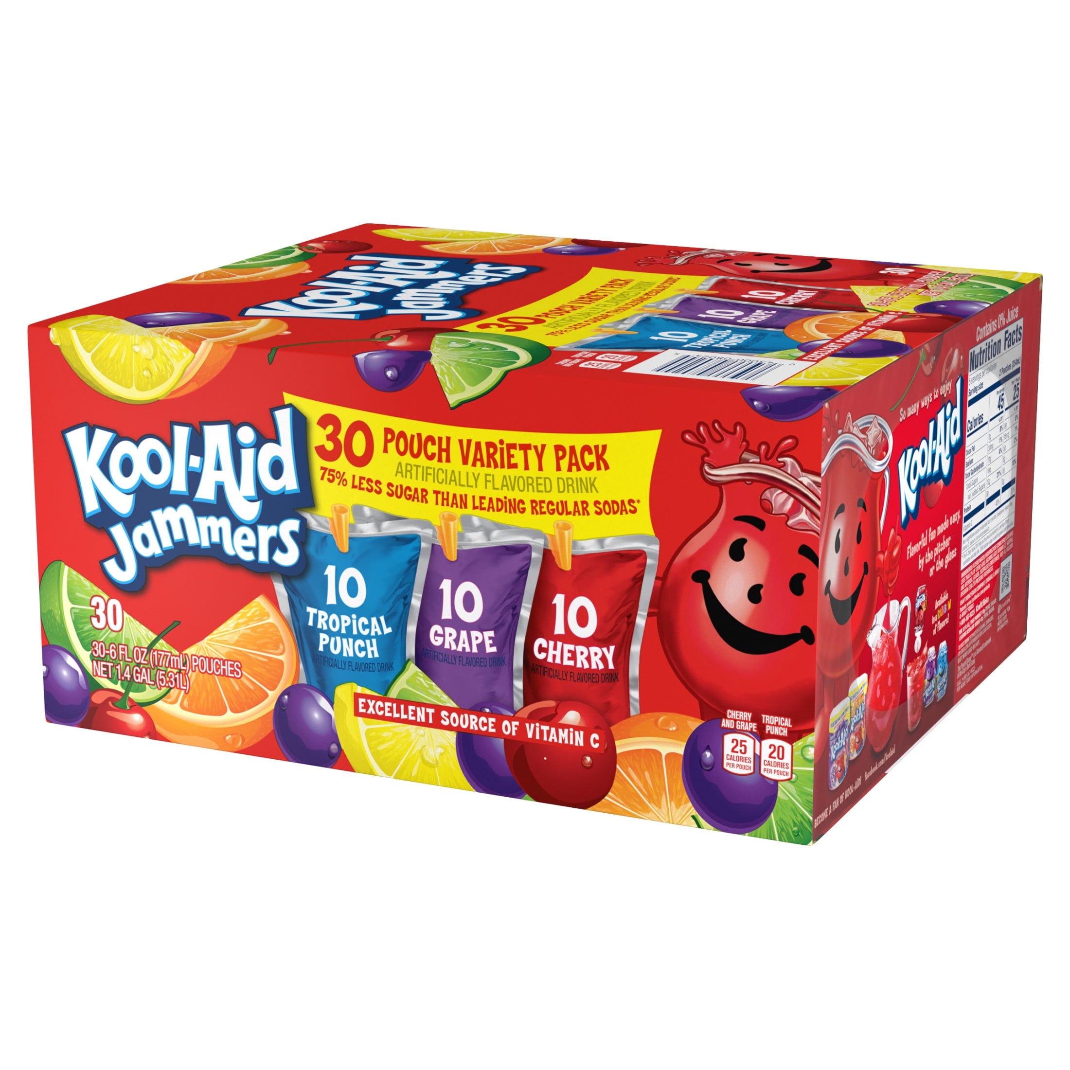 Kool-Aid Jammers Drink, 30 Pouches, for School Lunches and On-the-Go Hydration, Artificially Flavored Tropical Punch, Grape and Cherry Flavors, 6 fl oz