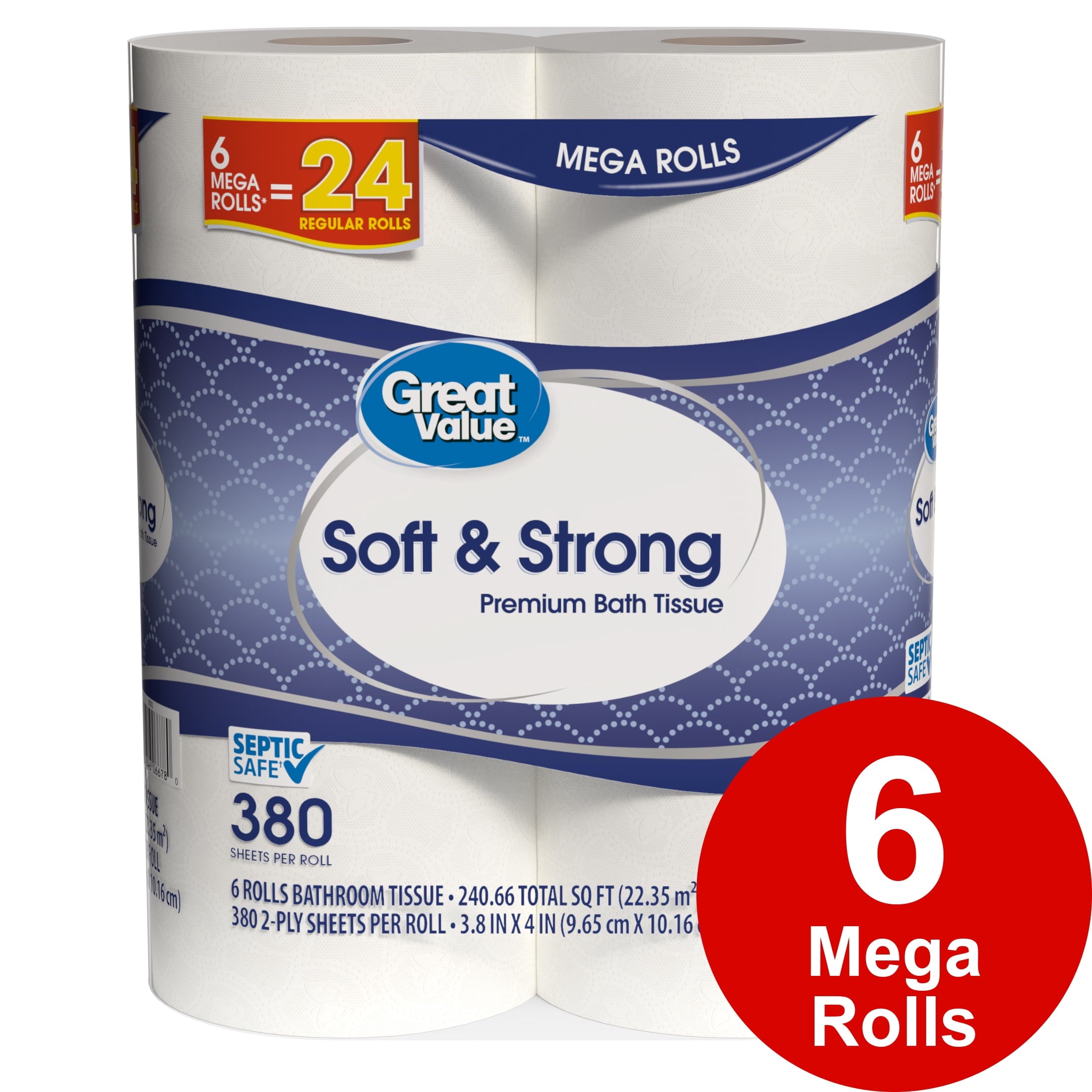 Great Value Soft & Strong Toilet Paper, 12 Mega Rolls, 380 Sheets per Roll