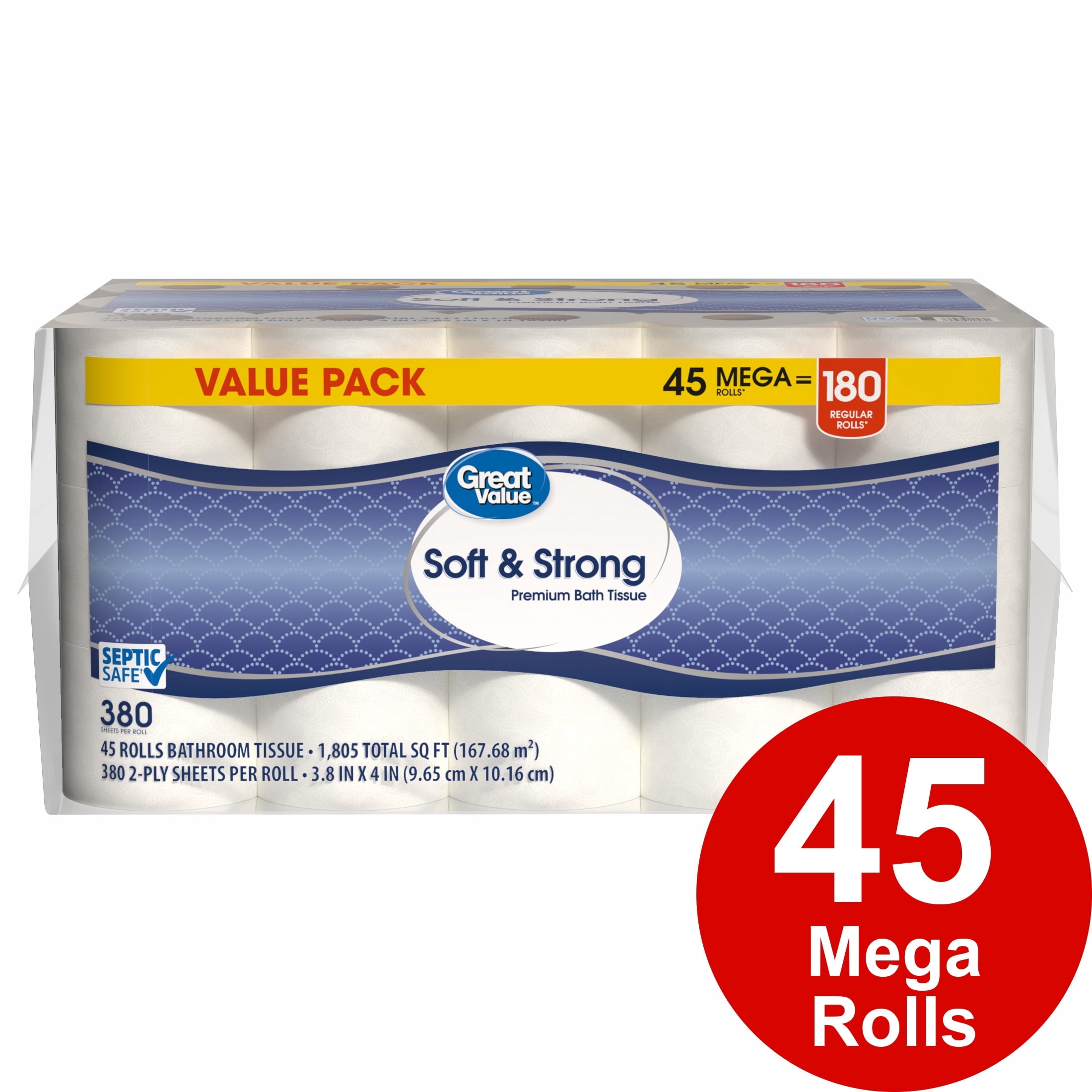 Great Value Soft & Strong Toilet Paper, 12 Mega Rolls, 380 Sheets per Roll