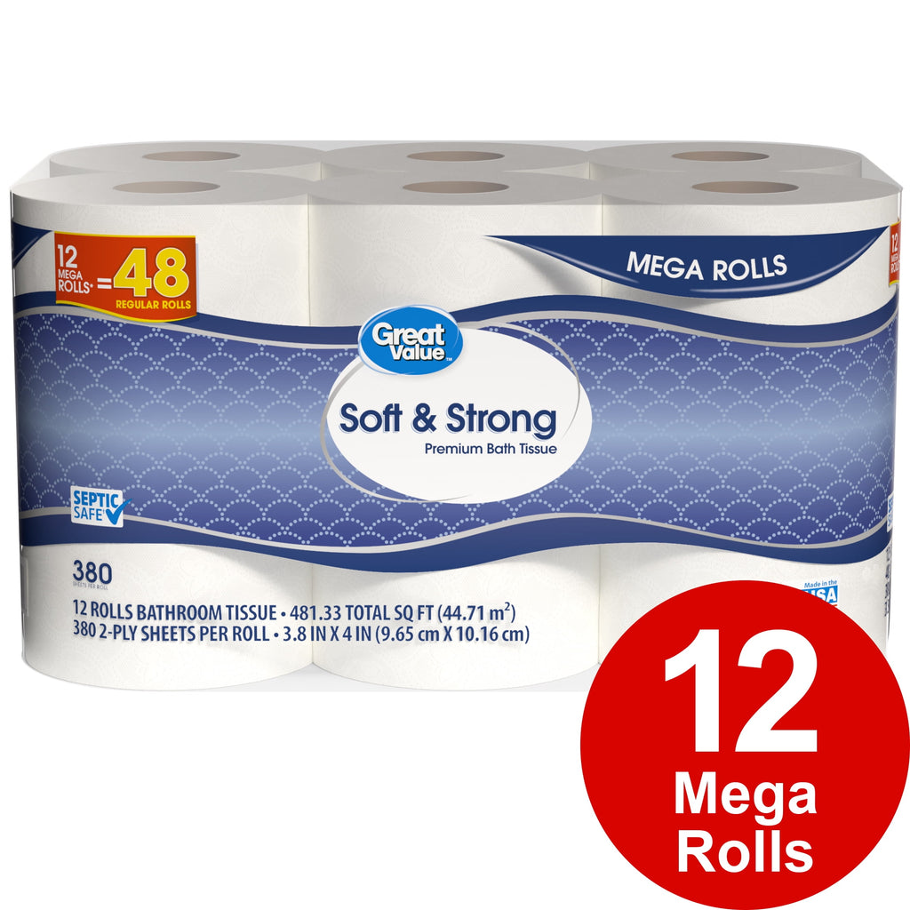 Great Value Soft & Strong Toilet Paper, 12 Mega Rolls, 380 Sheets per Roll