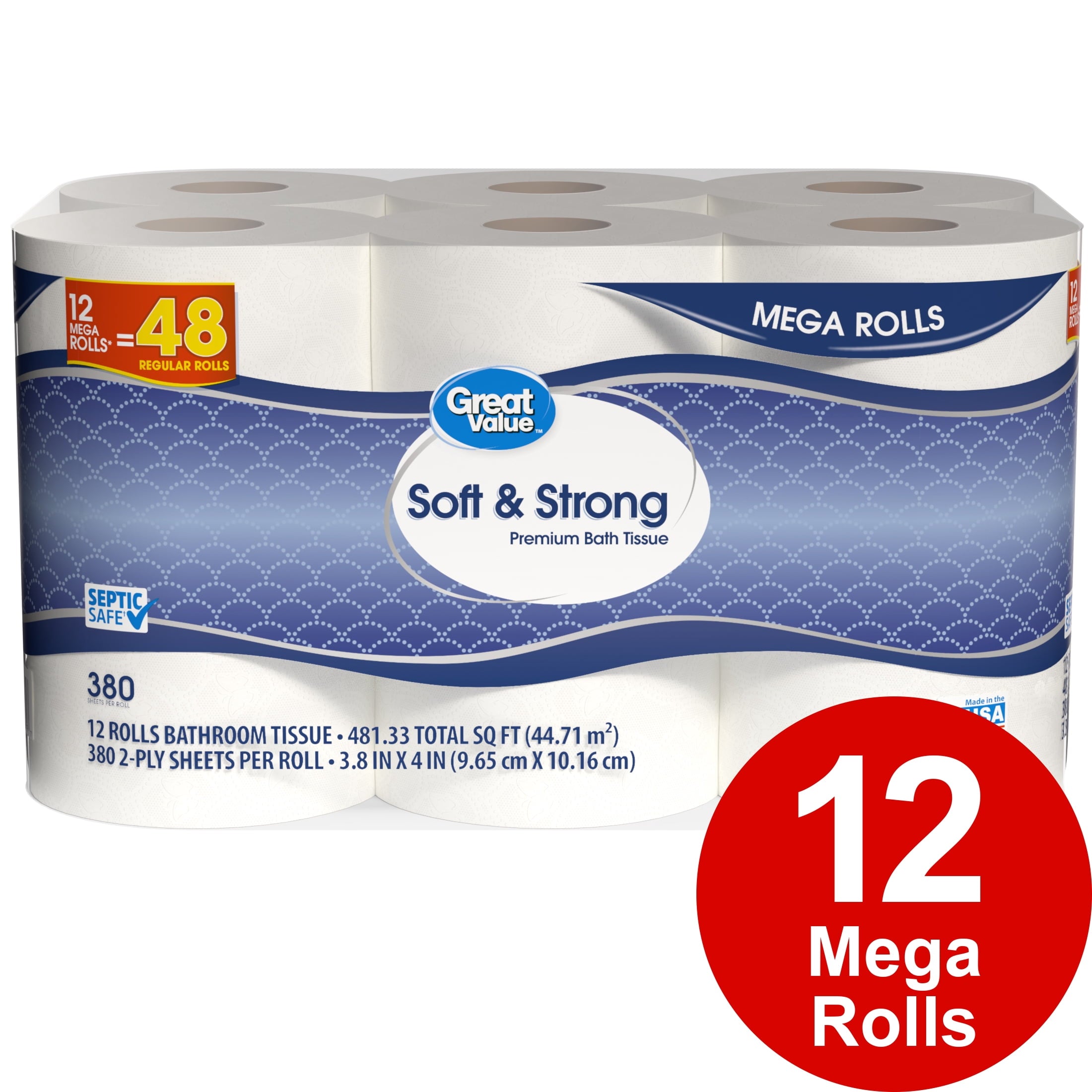 Great Value Soft & Strong Toilet Paper, 12 Mega Rolls, 380 Sheets per Roll
