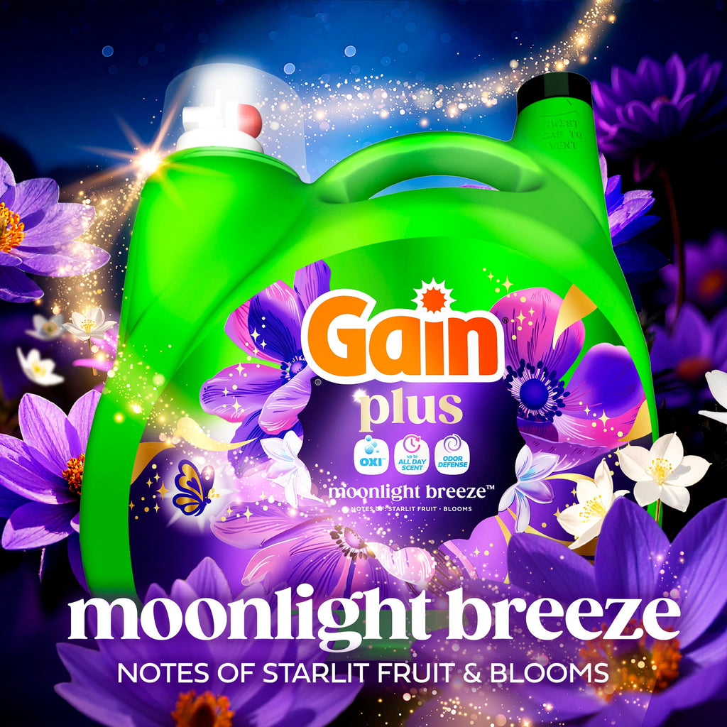 Gain Plus Laundry Detergent Liquid, Now with Odor Defense + OXI, Moonlight Breeze Scent, 170 fl oz, 129 Loads