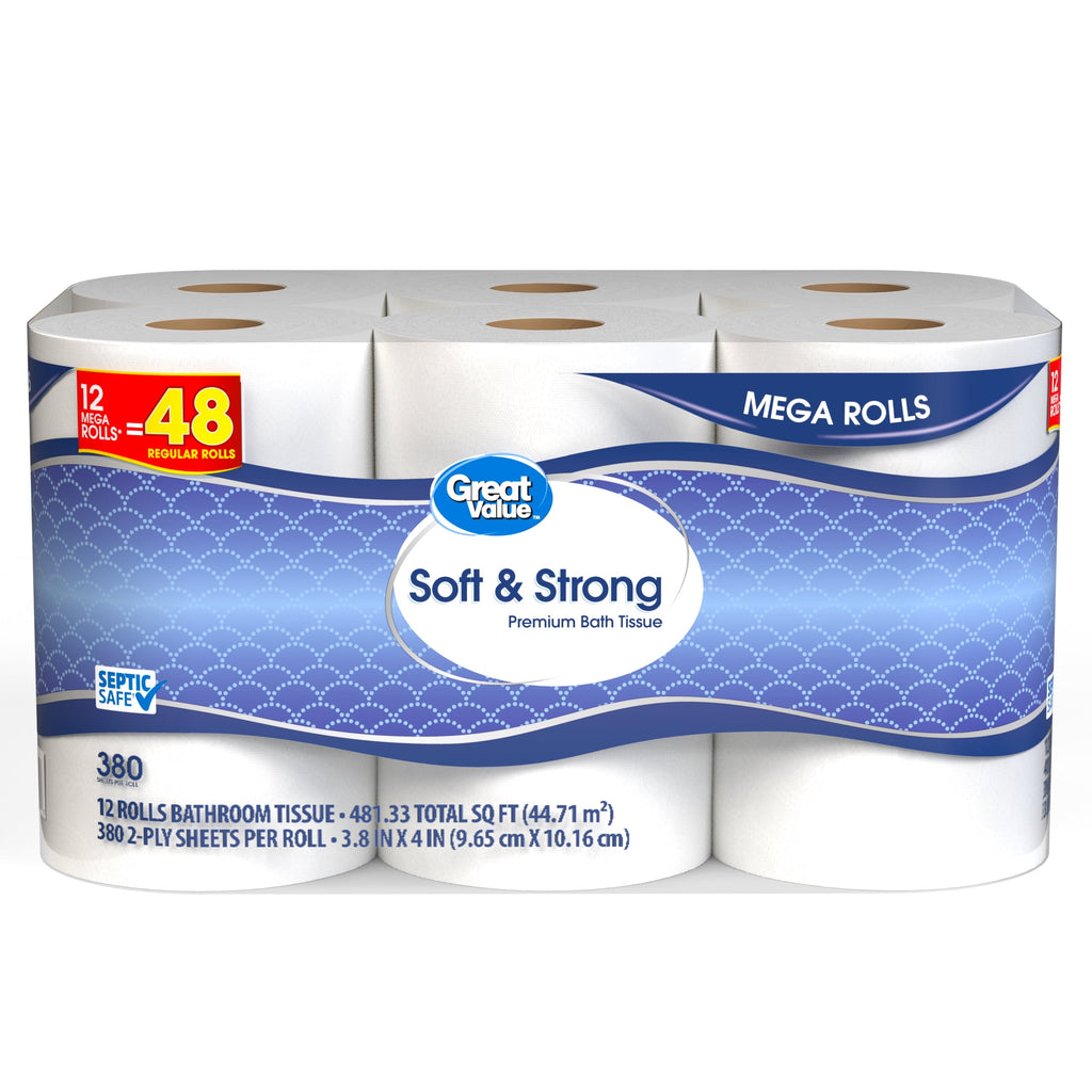 Great Value Soft & Strong Toilet Paper, 12 Mega Rolls, 380 Sheets per Roll