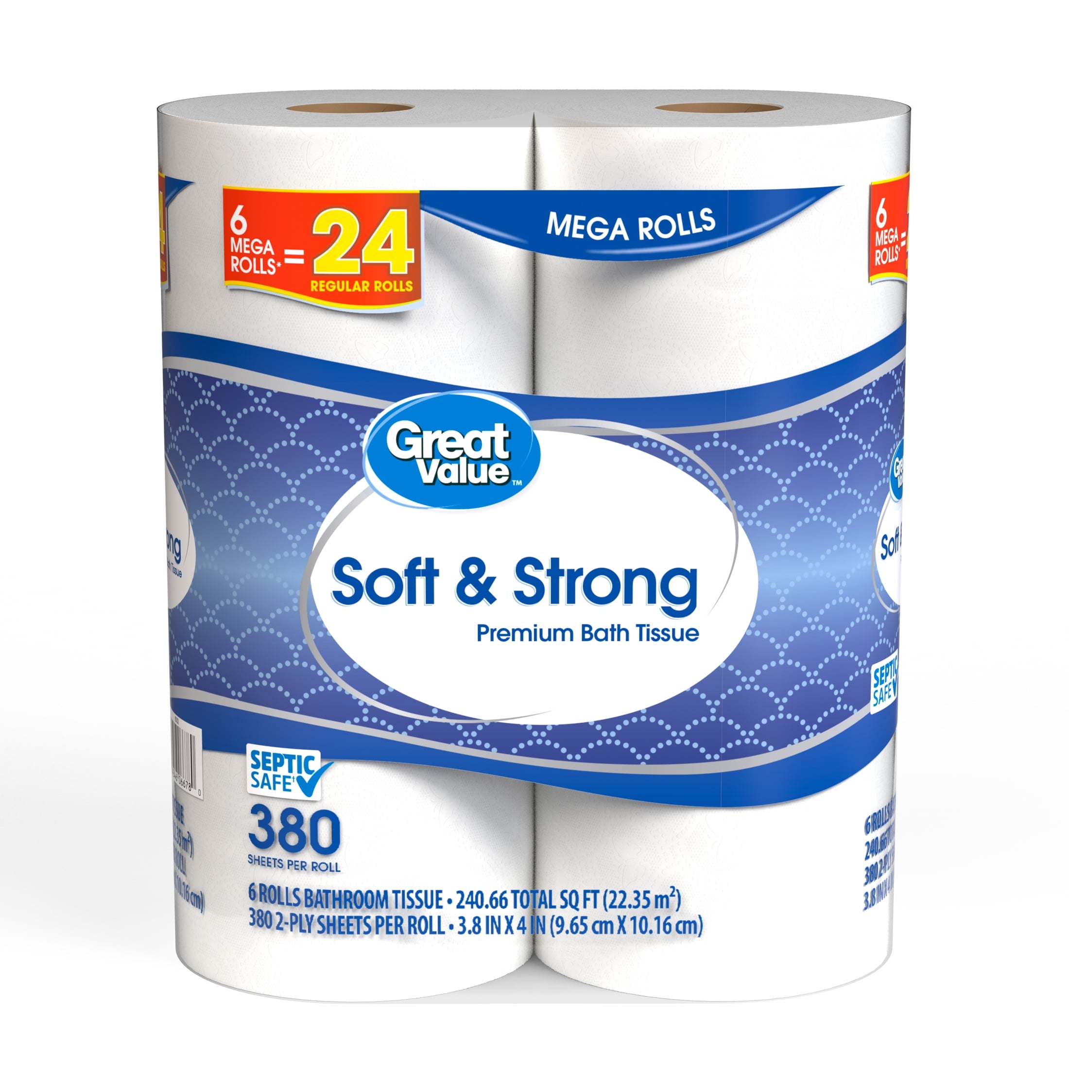 Great Value Soft & Strong Toilet Paper, 12 Mega Rolls, 380 Sheets per Roll