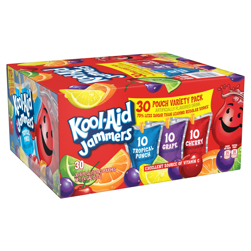 Kool-Aid Jammers Drink, 30 Pouches, for School Lunches and On-the-Go Hydration, Artificially Flavored Tropical Punch, Grape and Cherry Flavors, 6 fl oz