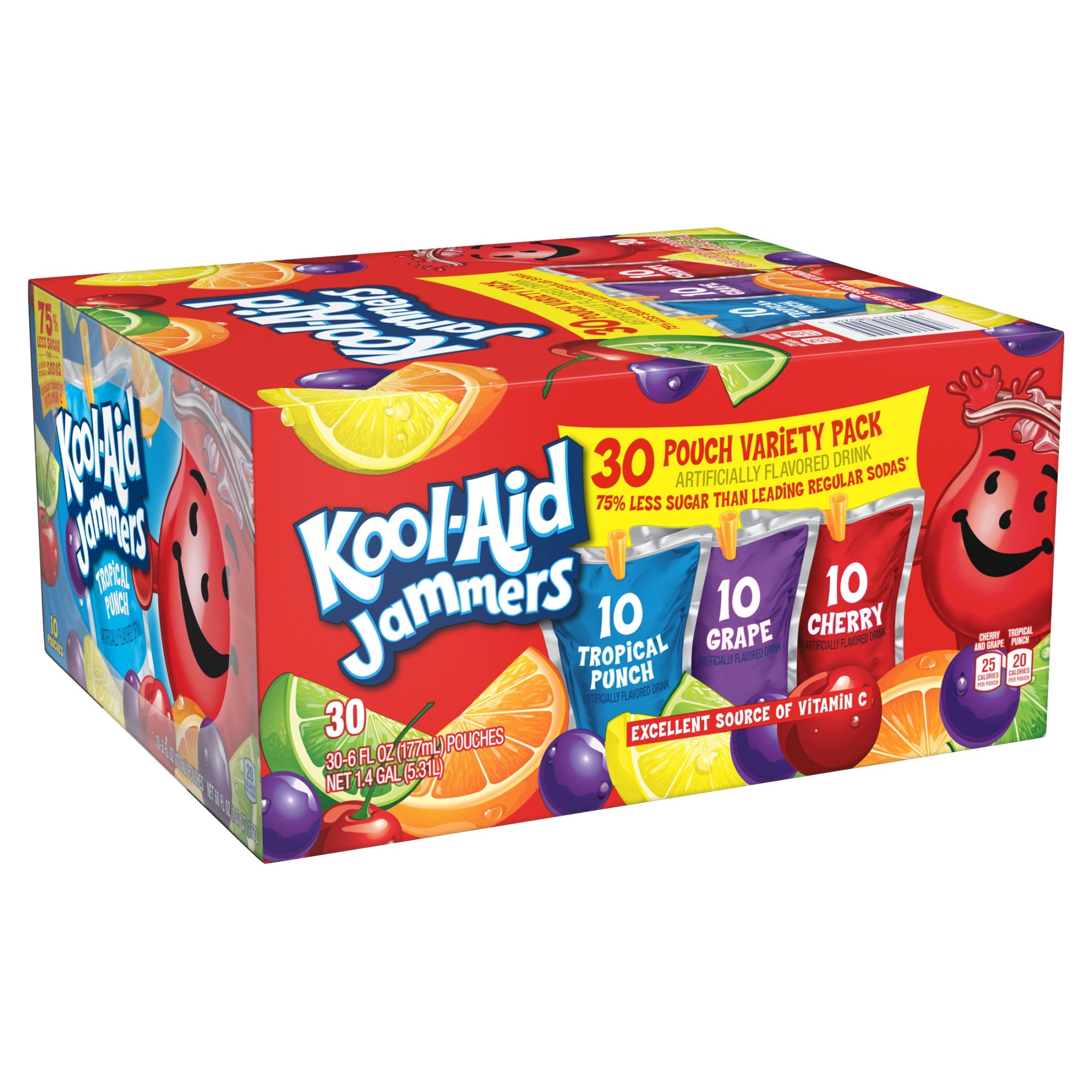 Kool-Aid Jammers Drink, 30 Pouches, for School Lunches and On-the-Go Hydration, Artificially Flavored Tropical Punch, Grape and Cherry Flavors, 6 fl oz