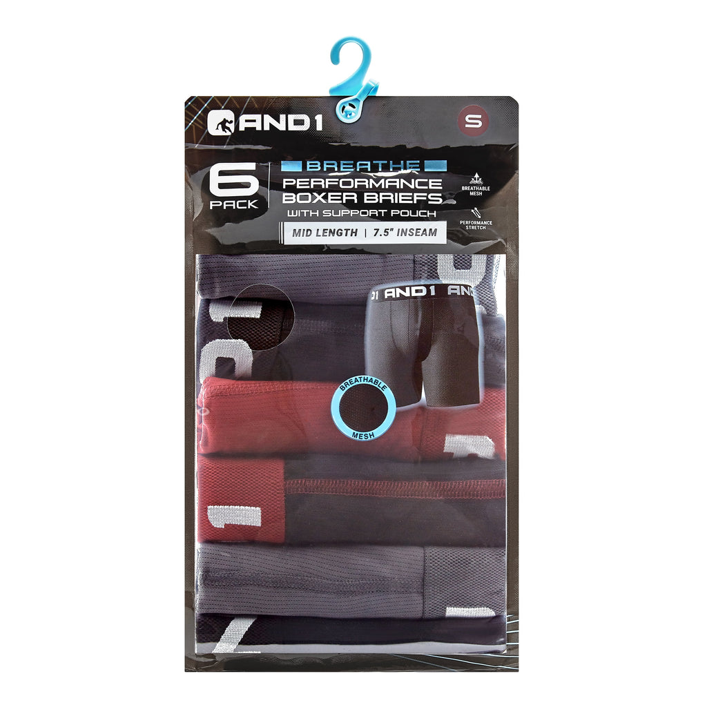 AND1 Men’s Underwear Breathe Performance Mid Length Boxer Briefs, 6 Pack